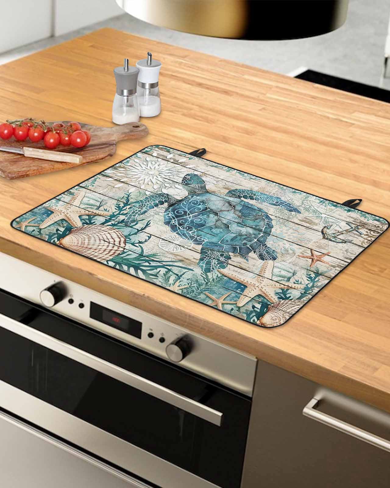 nqOlkjepod Large Induction Cooktop Protector Mat 36"x21", Teal Coastal Turtle Stove Top Covers for Electric Stove, Ocean Coral Nautical Anchor Retro Stove Burner Cover Mats, Glass Top Stove Cover