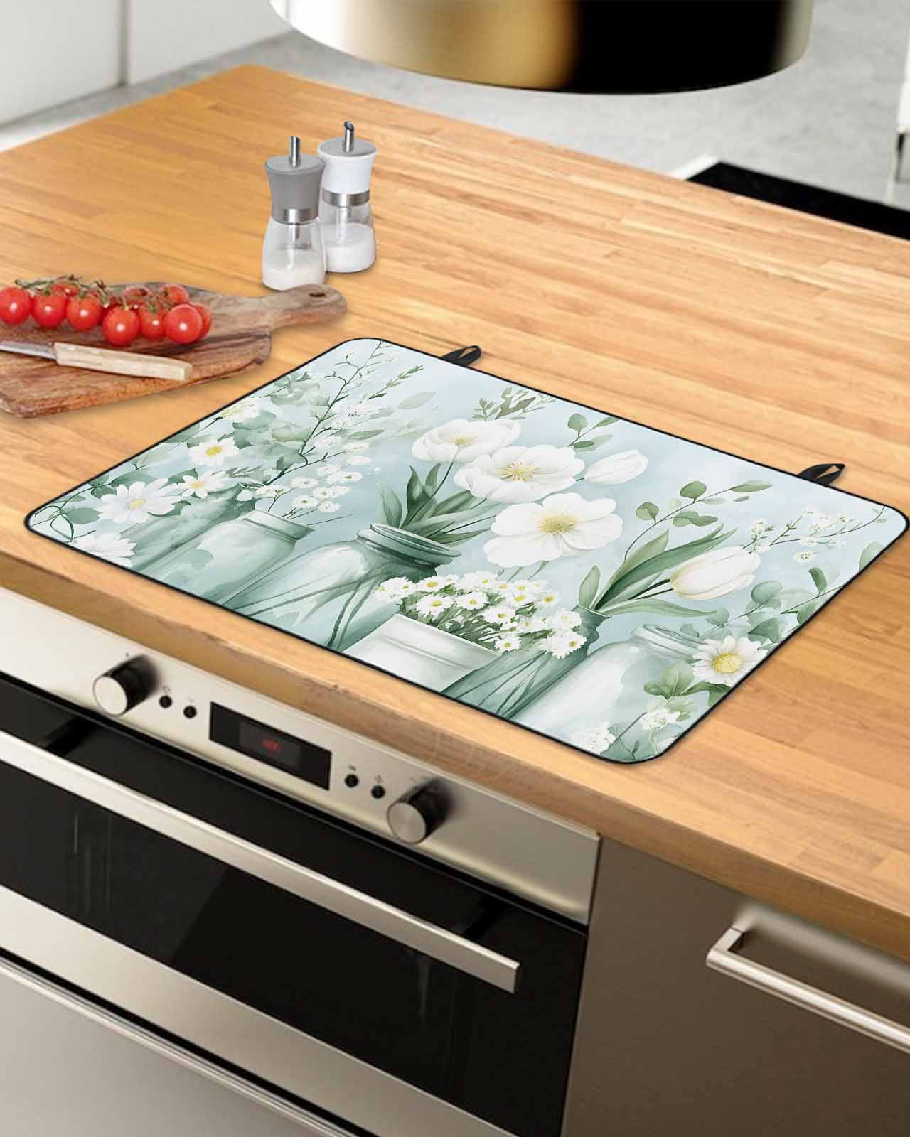 nqOlkjepod Large Induction Cooktop Protector Mat 36"x21", Teal Flower Stove Top Covers for Electric Stove, Vase Botanical Watercolor Summer Decorative Stove Burner Cover Mats, Glass Top Stove Cover