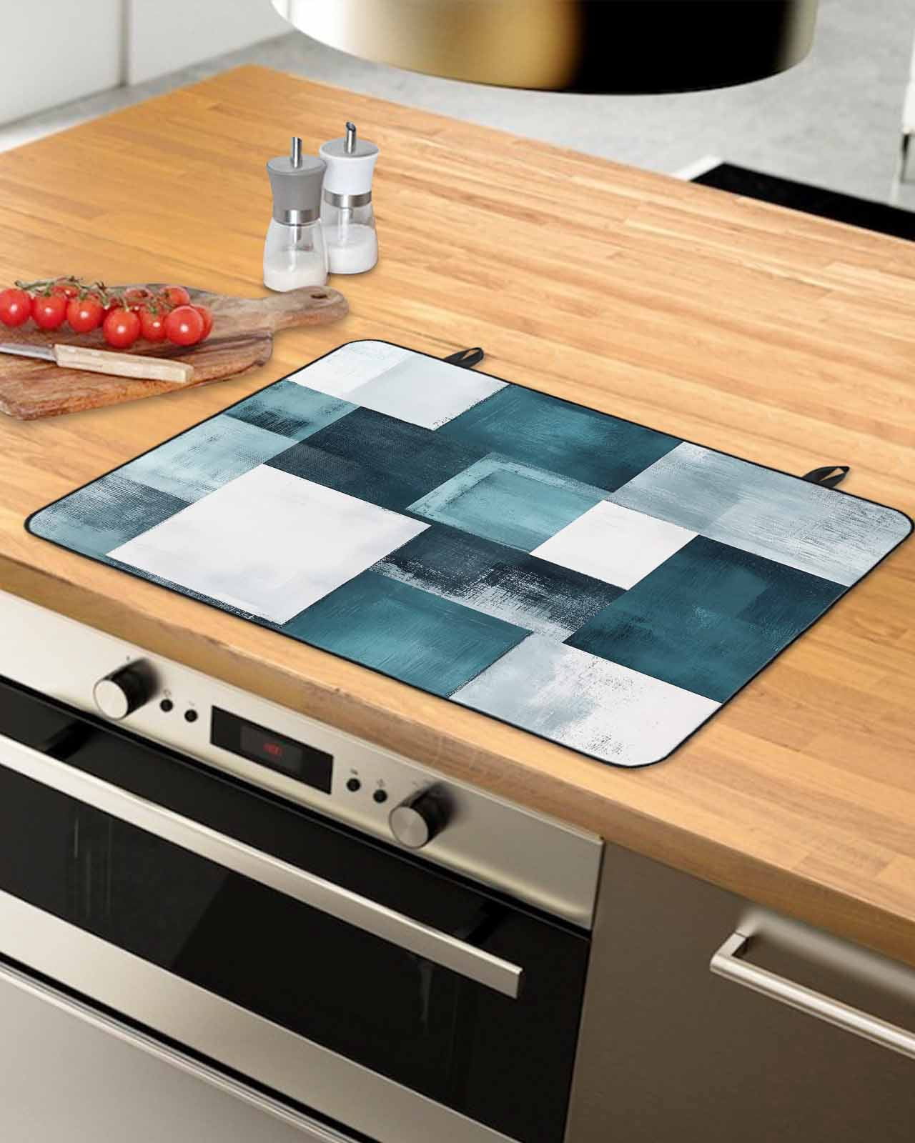 nqOlkjepod Large Induction Cooktop Protector Mat 36"x21", Teal Geometric Stove Top Covers for Electric Stove, Vintage Oil Painting Contemporary Stove Burner Cover Mats, Glass Top Stove Cover