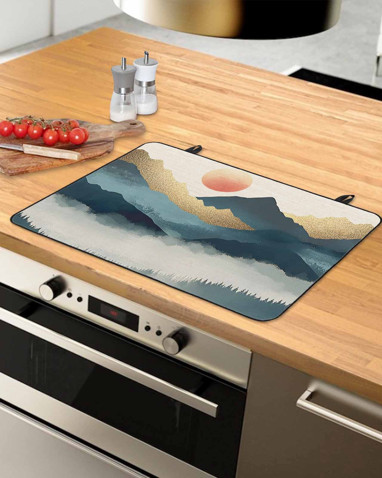 nqOlkjepod Large Induction Cooktop Protector Mat 36"x21", Teal Golden Mountain Stove Top Covers for Electric Stove, Tree Peaks Landscape Decorative Stove Burner Cover Mats, Glass Top Stove Cover