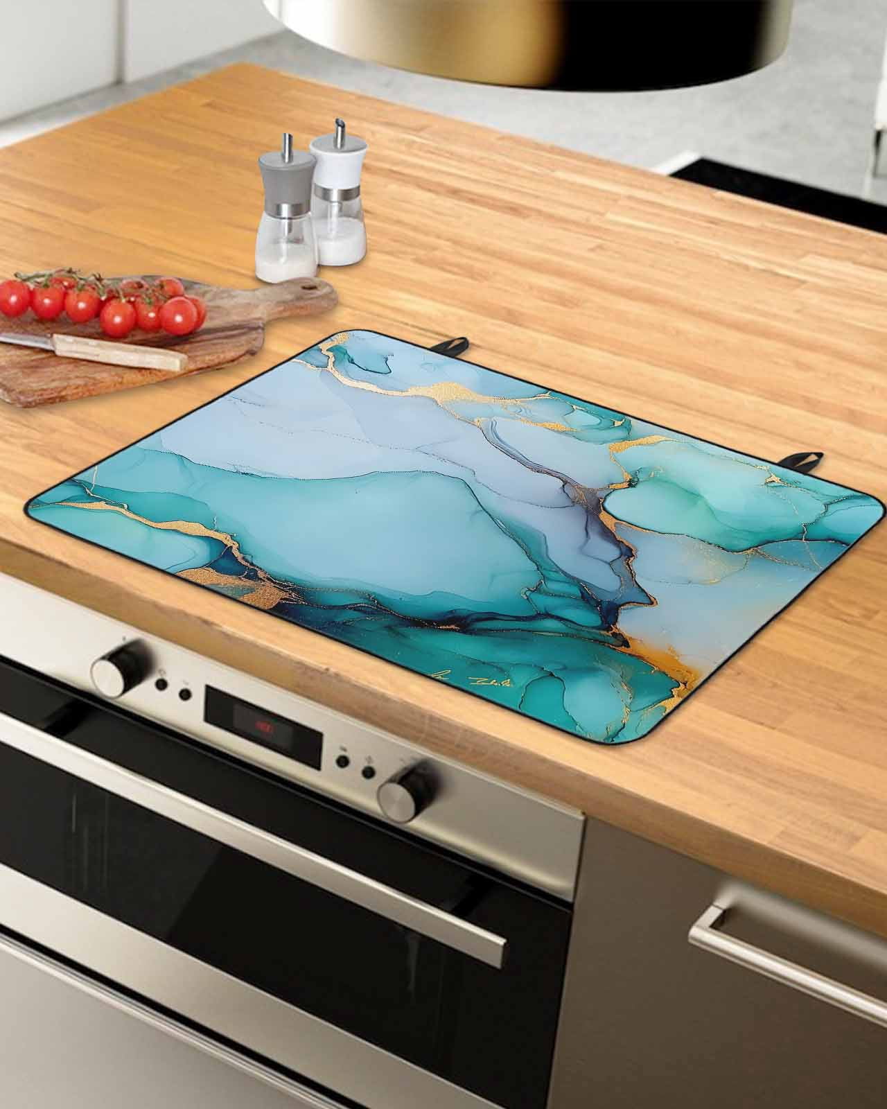 nqOlkjepod Large Induction Cooktop Protector Mat 36"x21", Teal Marble Stove Top Covers for Electric Stove, Green Blue Abstract Art Aesthetic Decorative Stove Burner Cover Mats, Glass Top Stove Cover