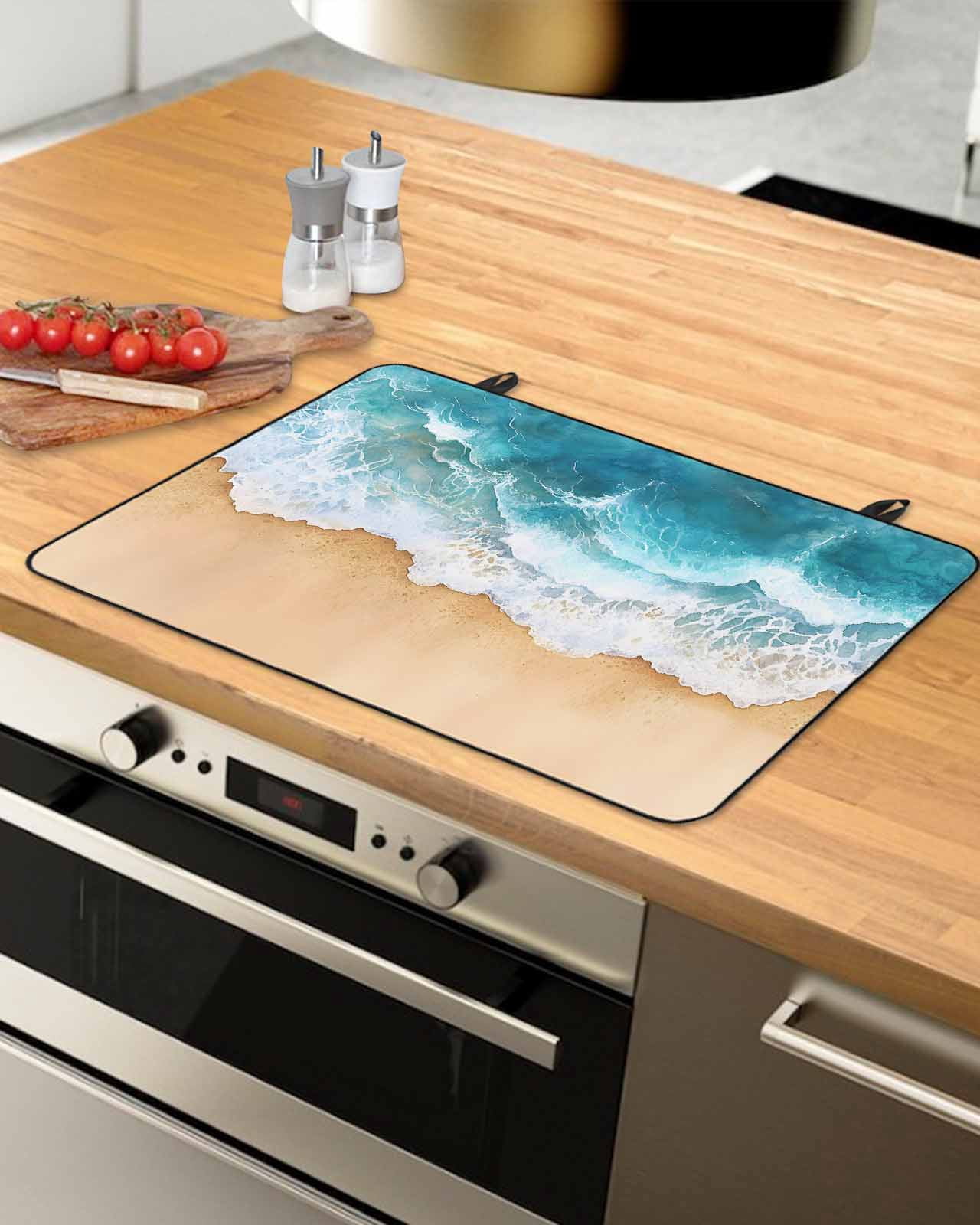 nqOlkjepod Large Induction Cooktop Protector Mat 36"x21", Teal Ocean Waves Stove Top Covers for Electric Stove, Summer Beach Coastal Nautical Stove Burner Cover Mats, Glass Top Stove Cover