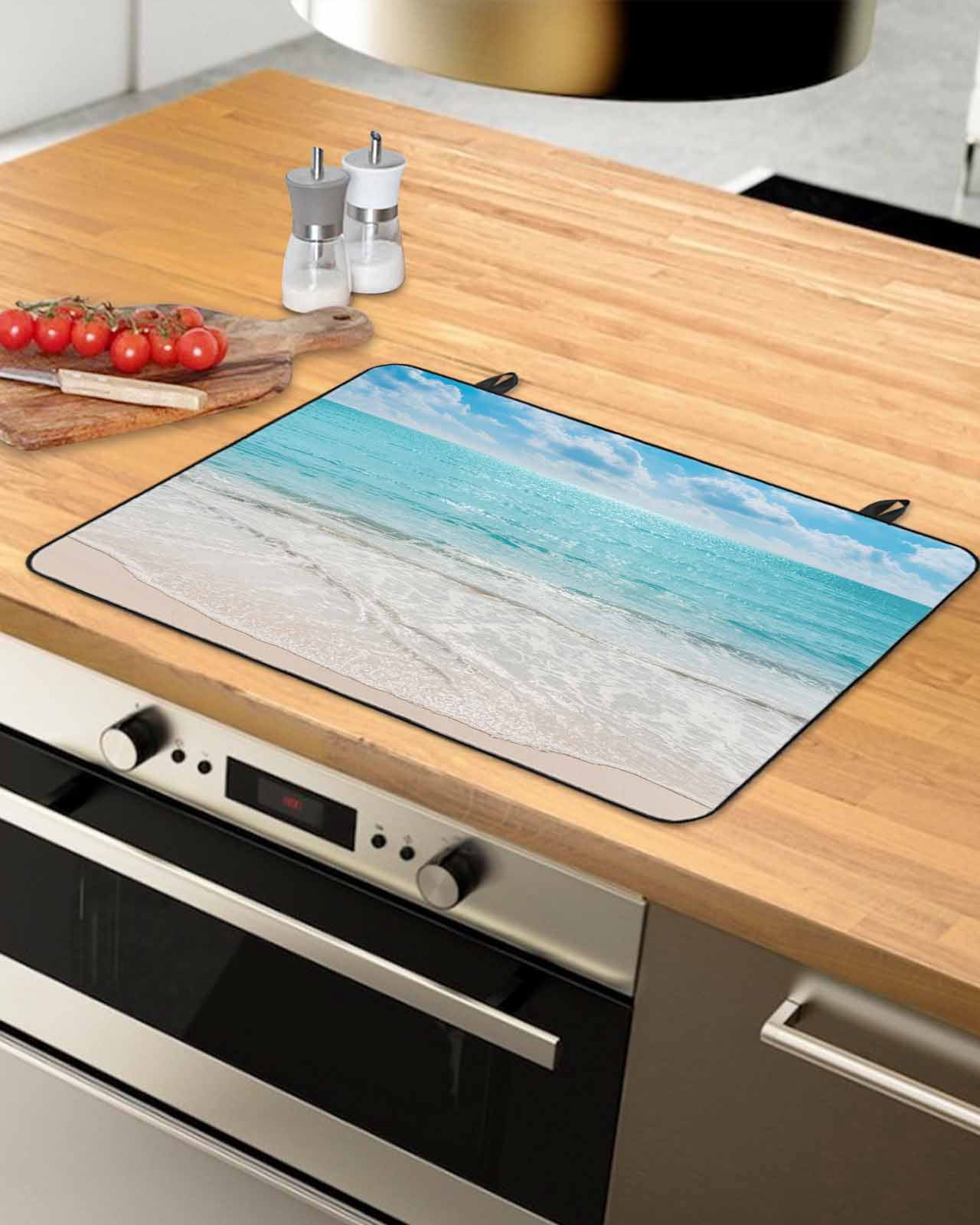 nqOlkjepod Large Induction Cooktop Protector Mat 36"x21", Teal Waves Coastal Stove Top Covers for Electric Stove, Summer Beach Sea Nautical Ocean Stove Burner Cover Mats, Glass Top Stove Cover