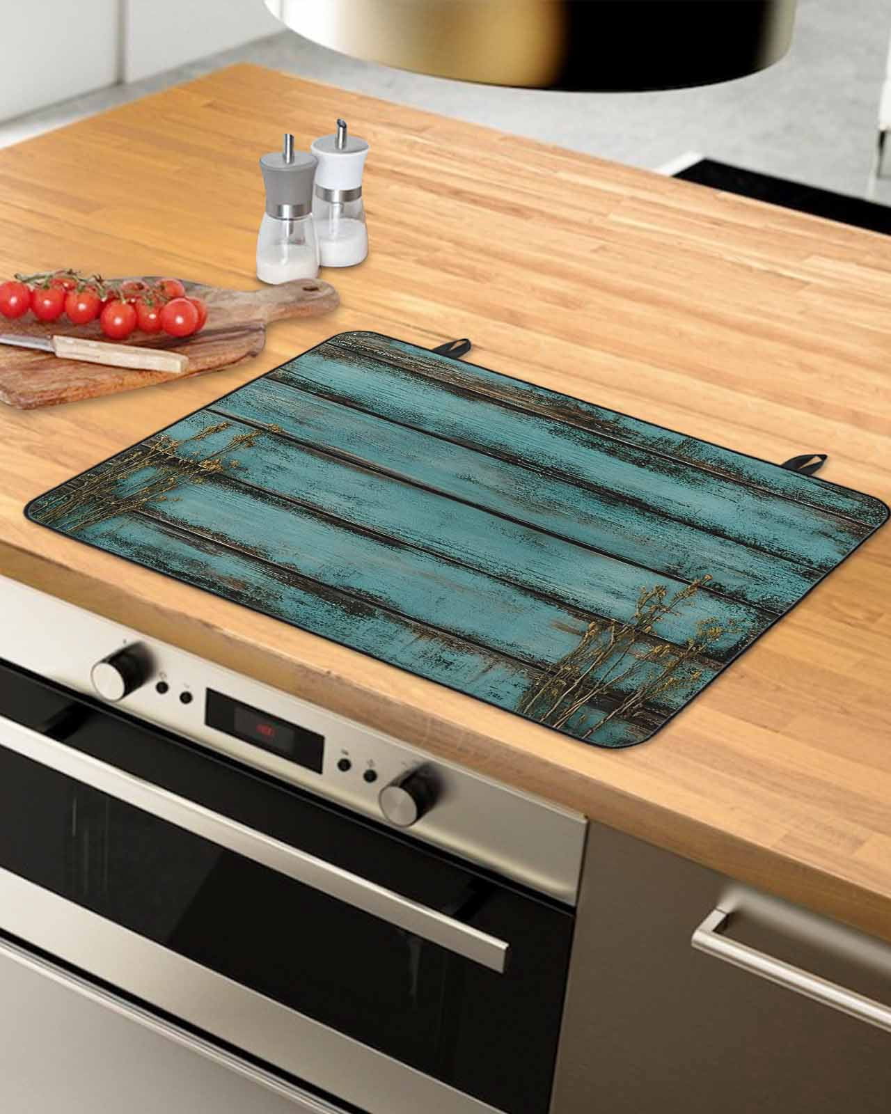 nqOlkjepod Large Induction Cooktop Protector Mat 36"x21", Teal Wood Print Stove Top Covers for Electric Stove, Abstract Vintage Plank Plant Decorative Stove Burner Cover Mats, Glass Top Stove Cover