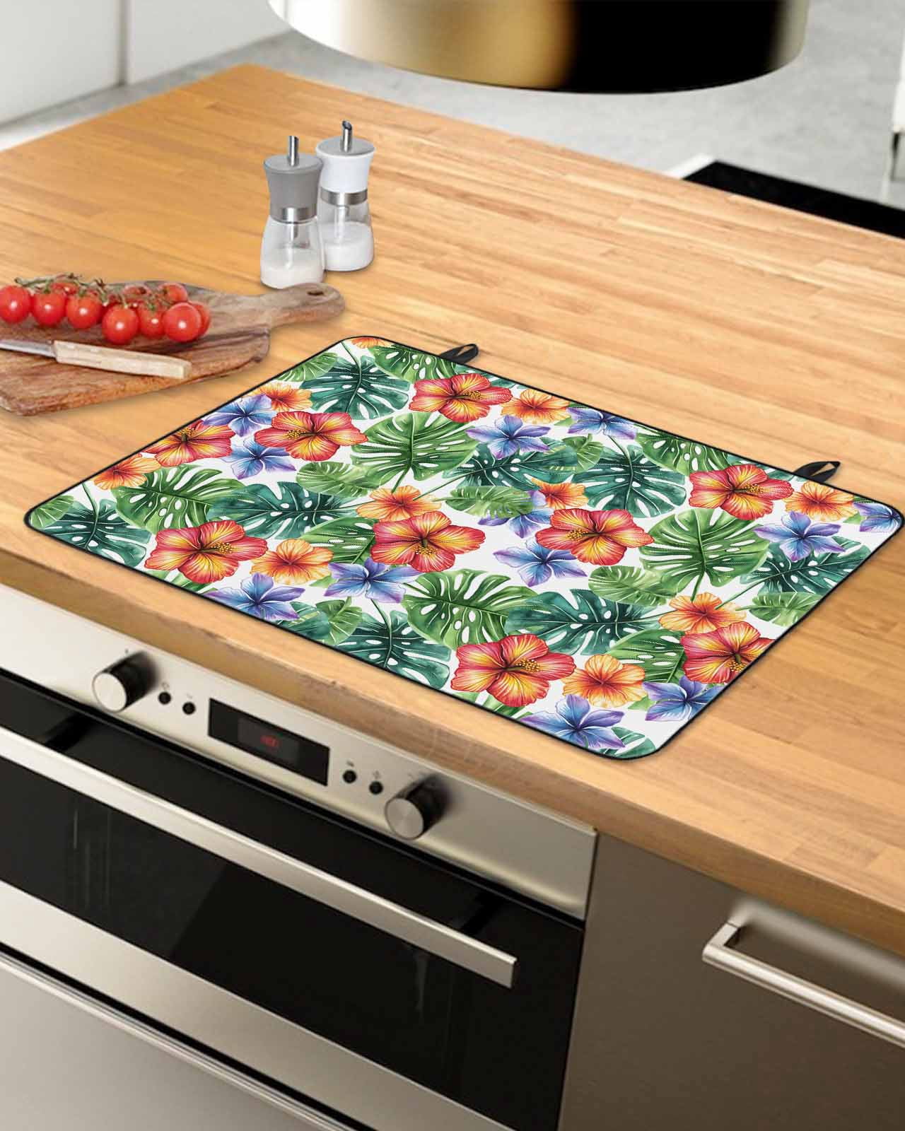 nqOlkjepod Large Induction Cooktop Protector Mat 36"x21", Tropical Botanical Stove Top Covers for Electric Stove, Summer Watercolor Leaves Floral Stove Burner Cover Mats, Glass Top Stove Cover