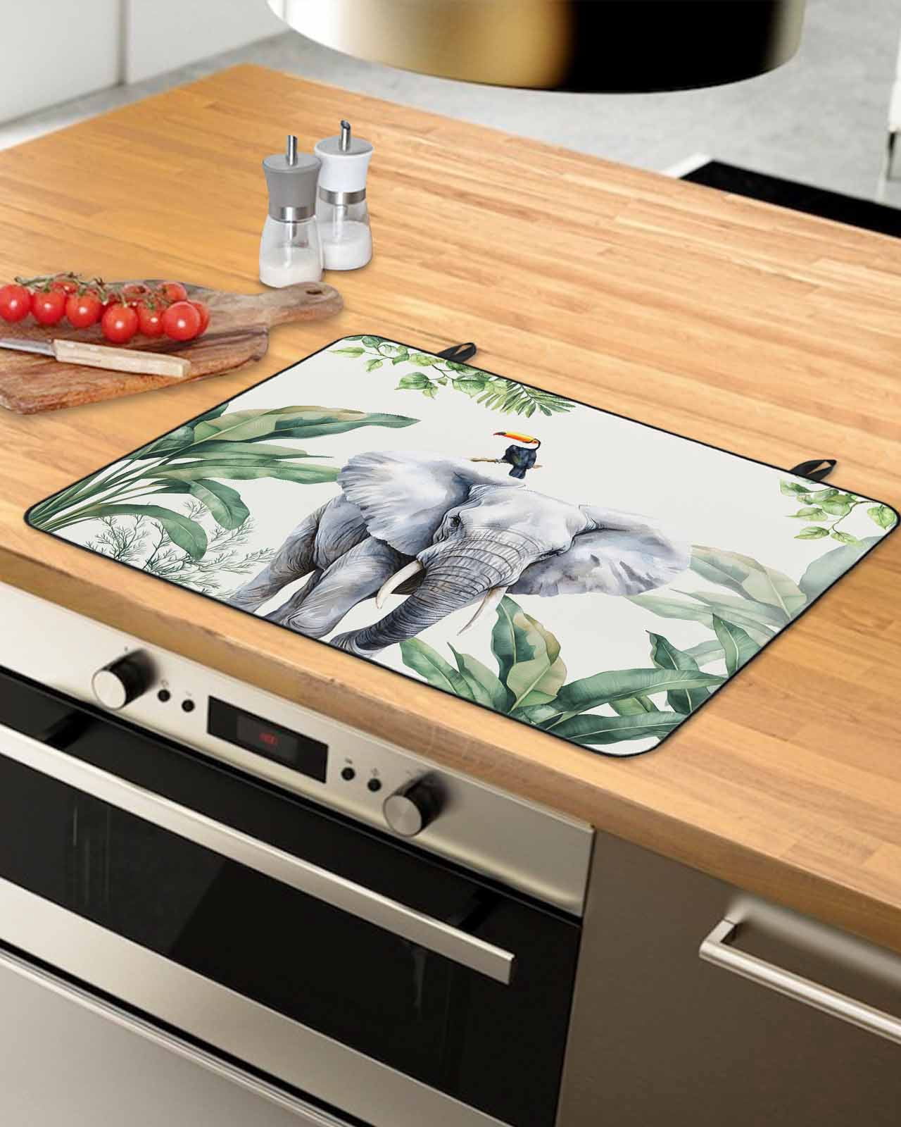 nqOlkjepod Large Induction Cooktop Protector Mat 36"x21", Tropical Elephant Bird Stove Top Covers for Electric Stove, Watercolor Summer Palm Leaf Stove Burner Cover Mats, Glass Top Stove Cover