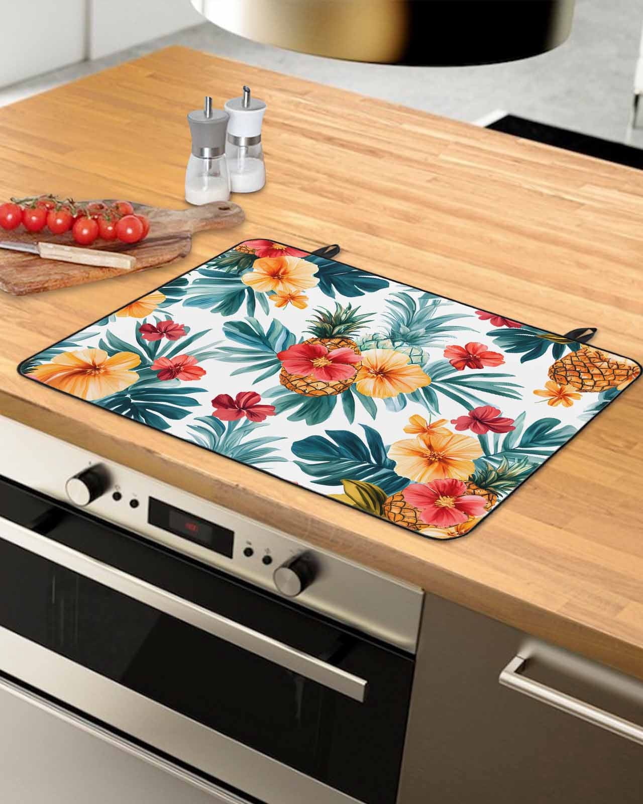 nqOlkjepod Large Induction Cooktop Protector Mat 36"x21", Tropical Leaves Floral Stove Top Covers for Electric Stove, Summer Pineapple Flowers Stove Burner Cover Mats, Glass Top Stove Cover