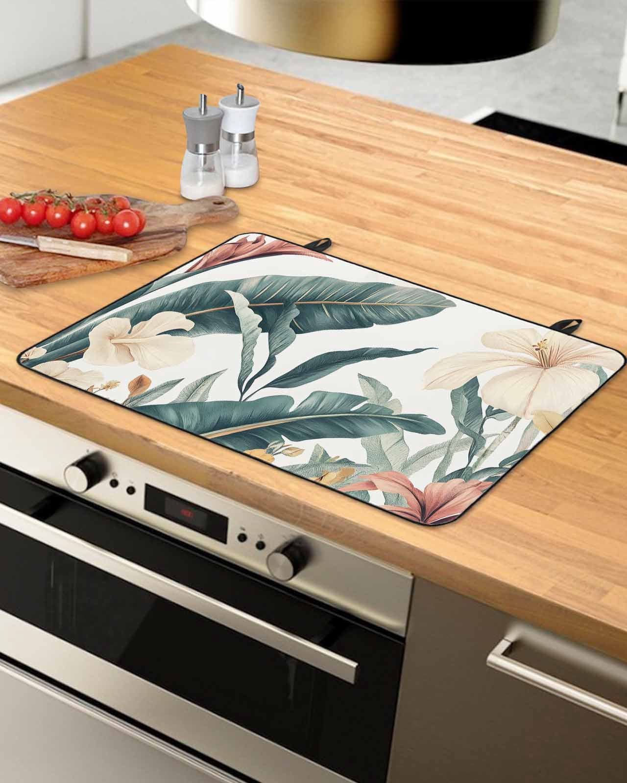 nqOlkjepod Large Induction Cooktop Protector Mat 36"x21", Tropical Leaves Floral Stove Top Covers for Electric Stove, Vintage Watercolor Flowers Stove Burner Cover Mats, Glass Top Stove Cover