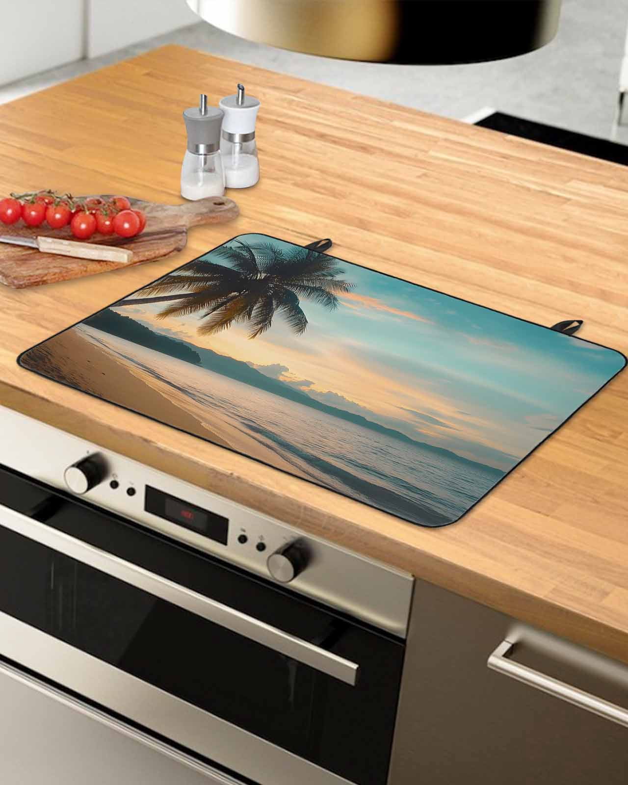 nqOlkjepod Large Induction Cooktop Protector Mat 36"x21", Tropical Palm Stove Top Covers for Electric Stove, Coastal Sunset Tree Branch Ocean Stove Burner Cover Mats, Glass Top Stove Cover