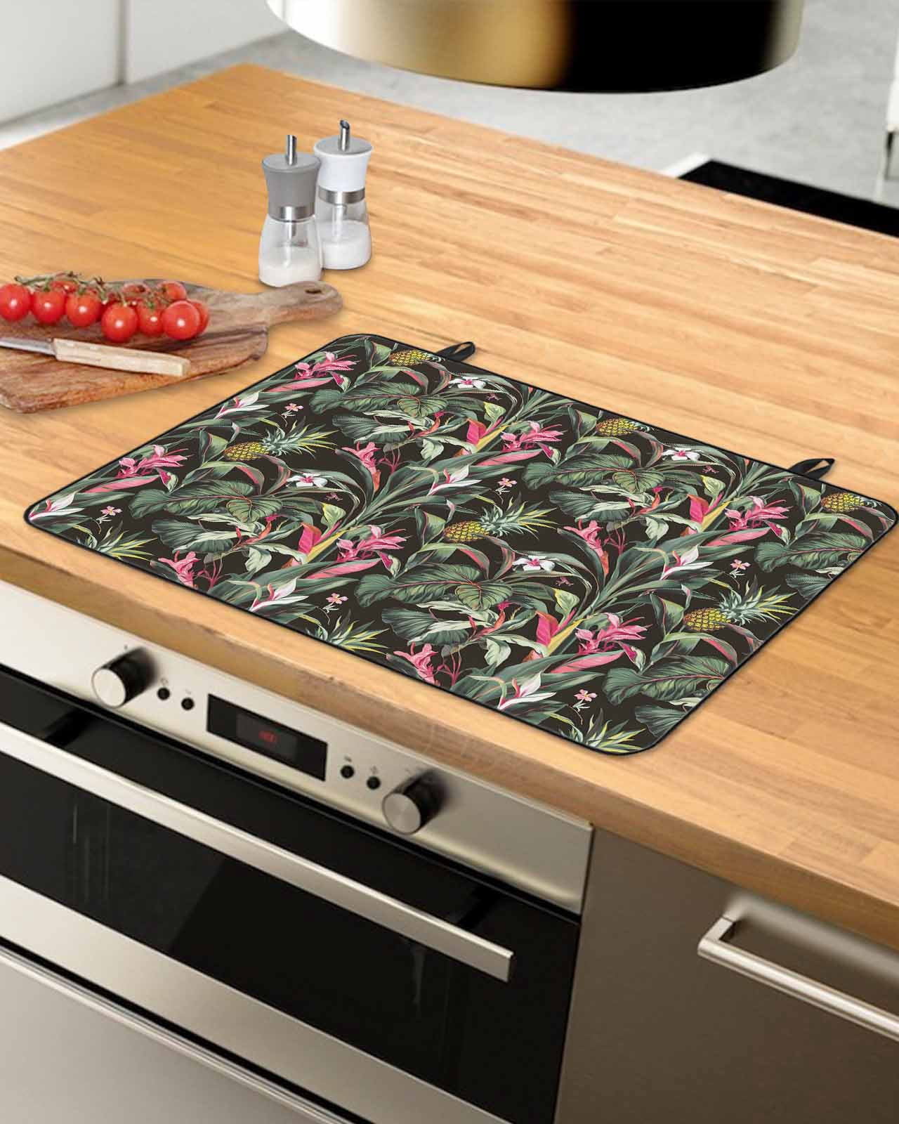 nqOlkjepod Large Induction Cooktop Protector Mat 36"x21", Tropical Pineapple Stove Top Covers for Electric Stove, Pink Green Botanical Leaves Stove Burner Cover Mats, Glass Top Stove Cover