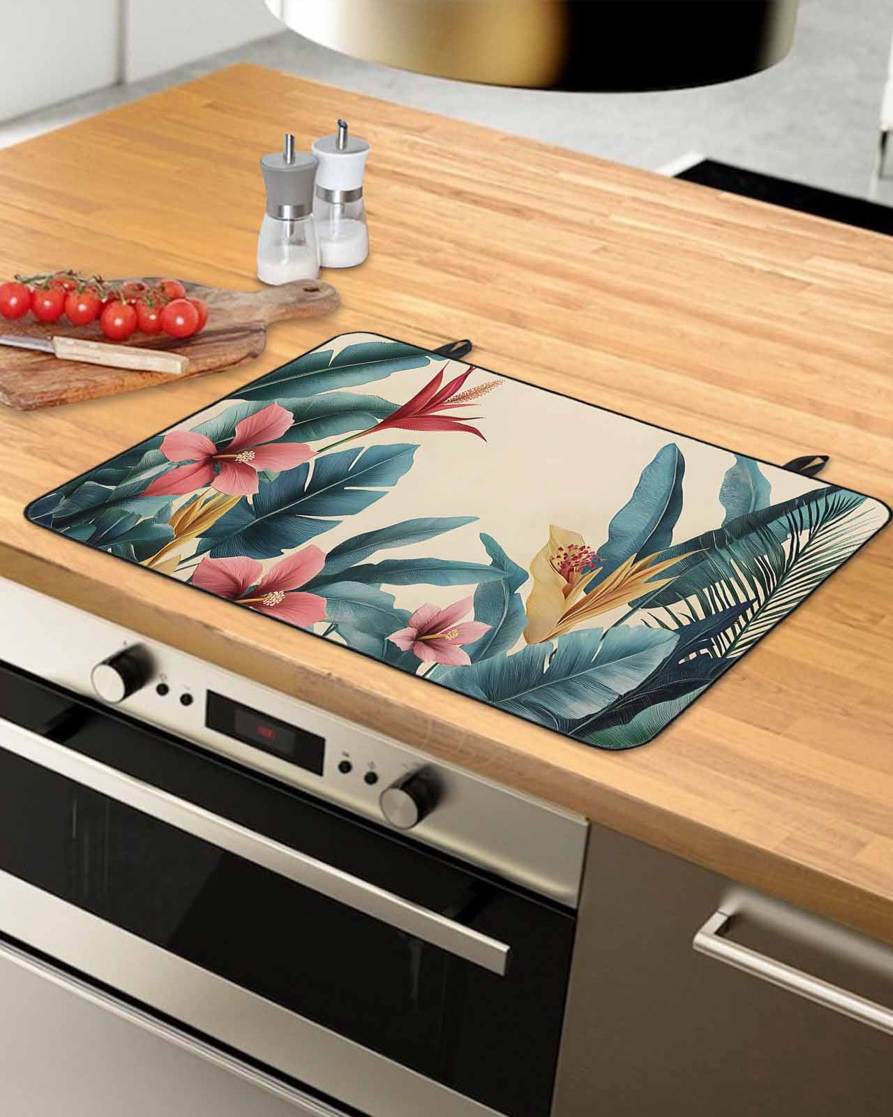 nqOlkjepod Large Induction Cooktop Protector Mat 36"x21", Tropical Plant Stove Top Covers for Electric Stove, Summer Botanical Palm Leaves Floral Stove Burner Cover Mats, Glass Top Stove Cover