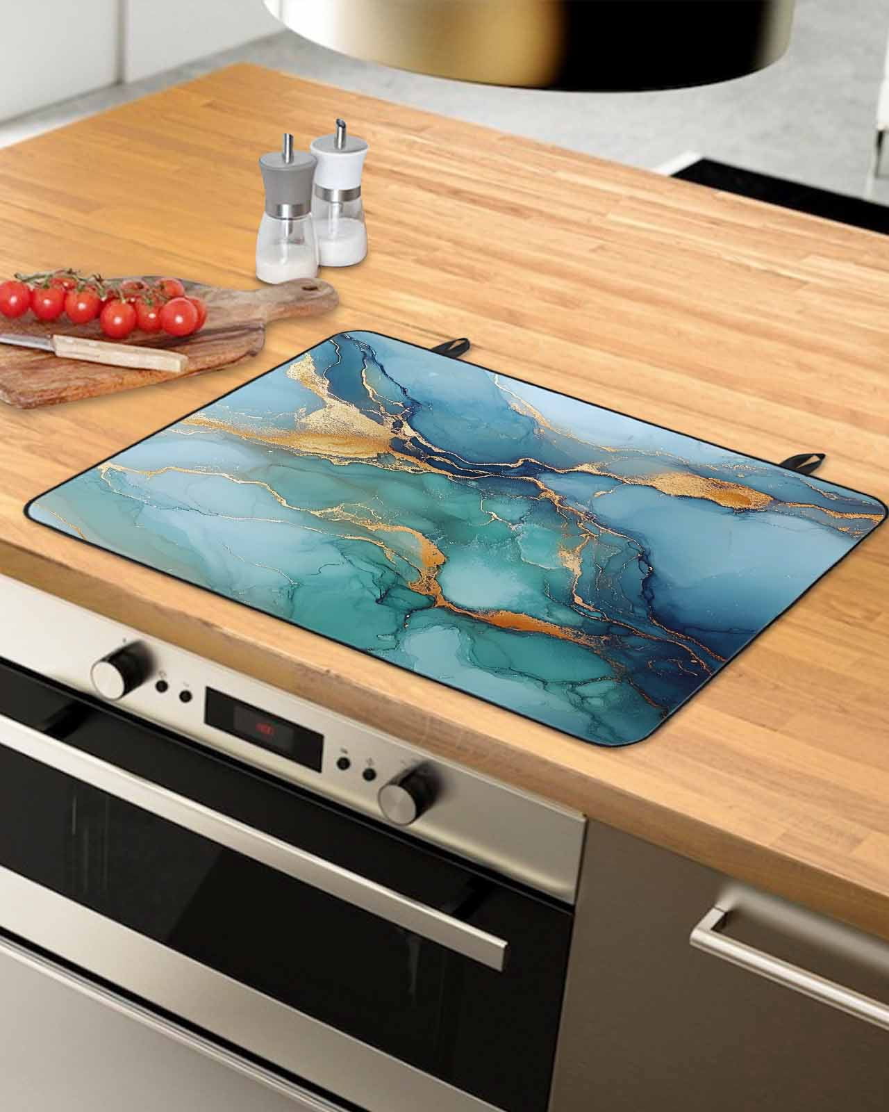 nqOlkjepod Large Induction Cooktop Protector Mat 36"x21", Turquoise Blue Stove Top Covers for Electric Stove, Modern Teal Gold Marble Textured Stove Burner Cover Mats, Glass Top Stove Cover