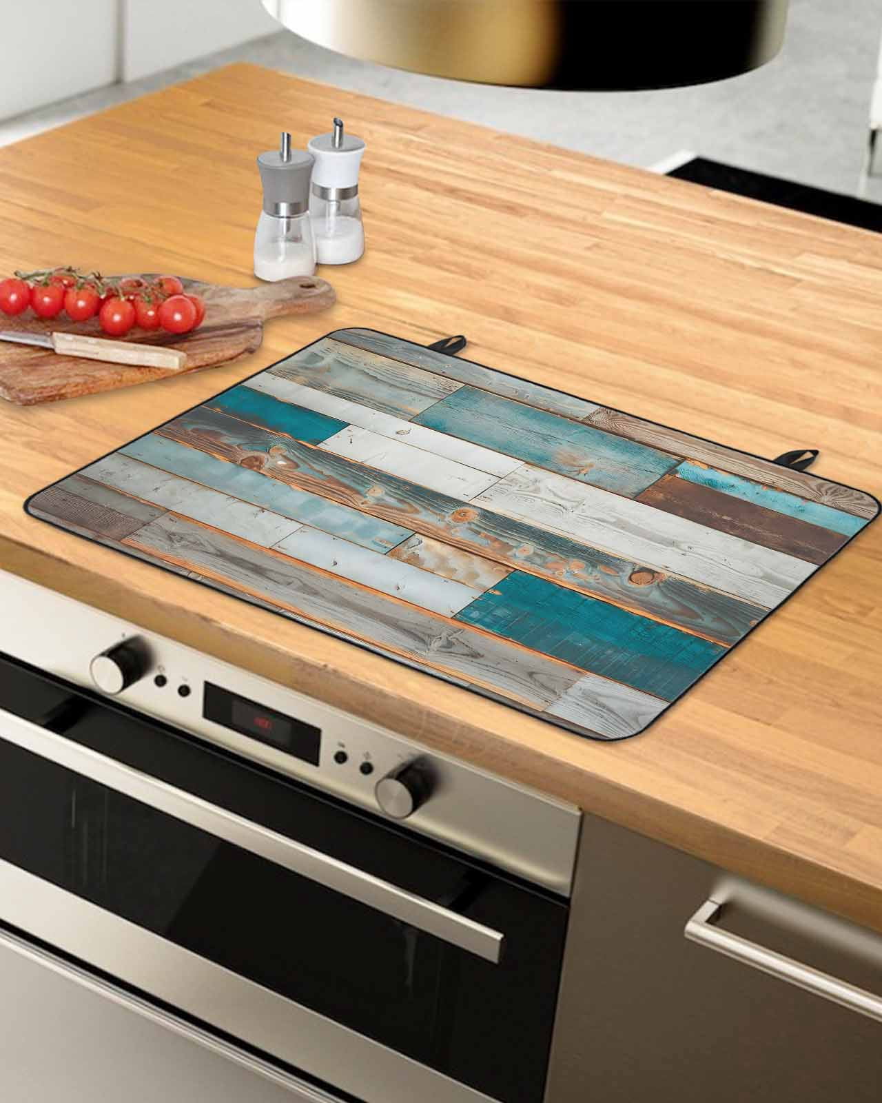 nqOlkjepod Large Induction Cooktop Protector Mat 36"x21", Turquoise Brown Stove Top Covers for Electric Stove, Vintage Country Ombre Wooden Grain Stove Burner Cover Mats, Glass Top Stove Cover