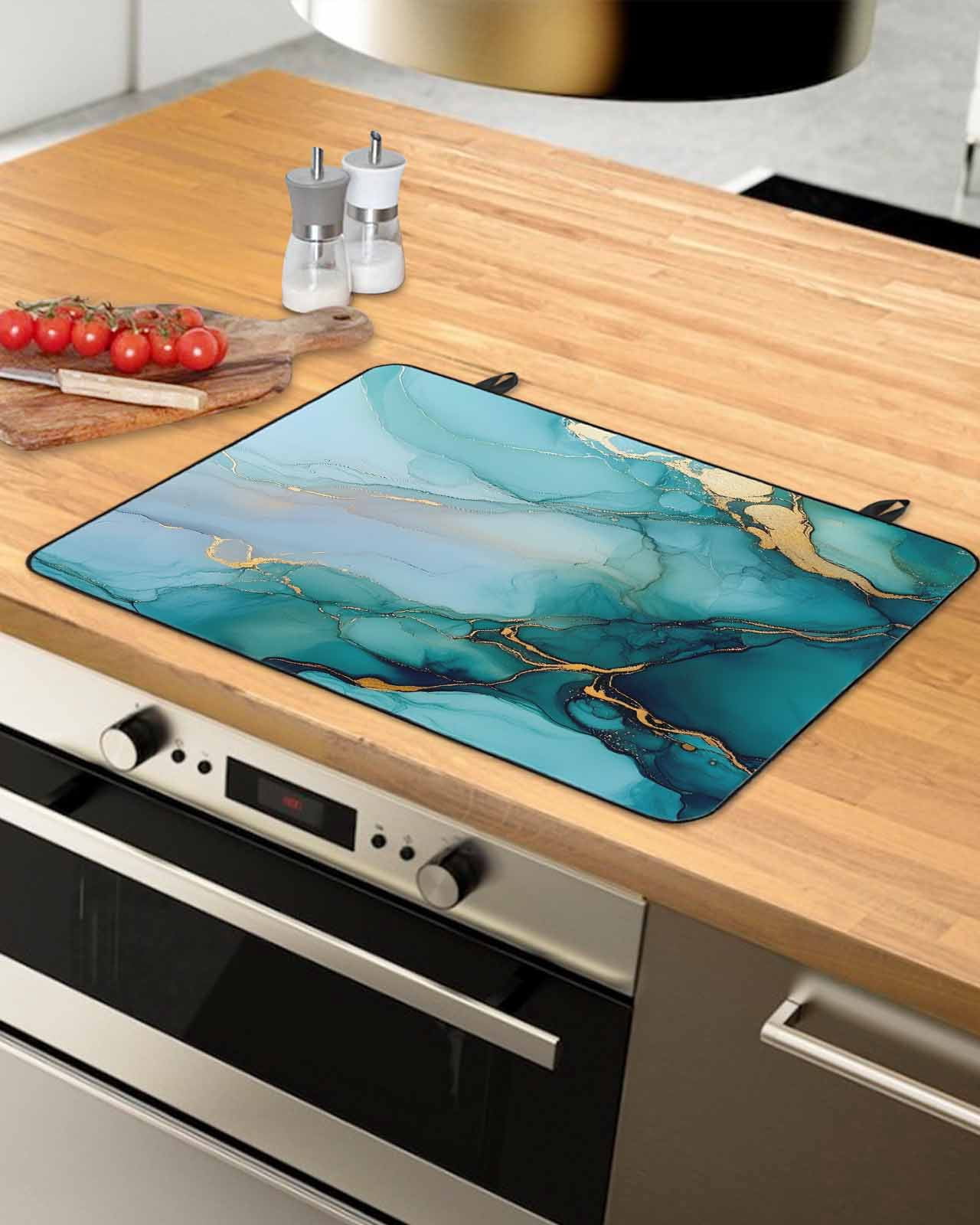 nqOlkjepod Large Induction Cooktop Protector Mat 36"x21", Turquoise Gold Marble Stove Top Covers for Electric Stove, Abstract Simple Geometric Stove Burner Cover Mats, Glass Top Stove Cover