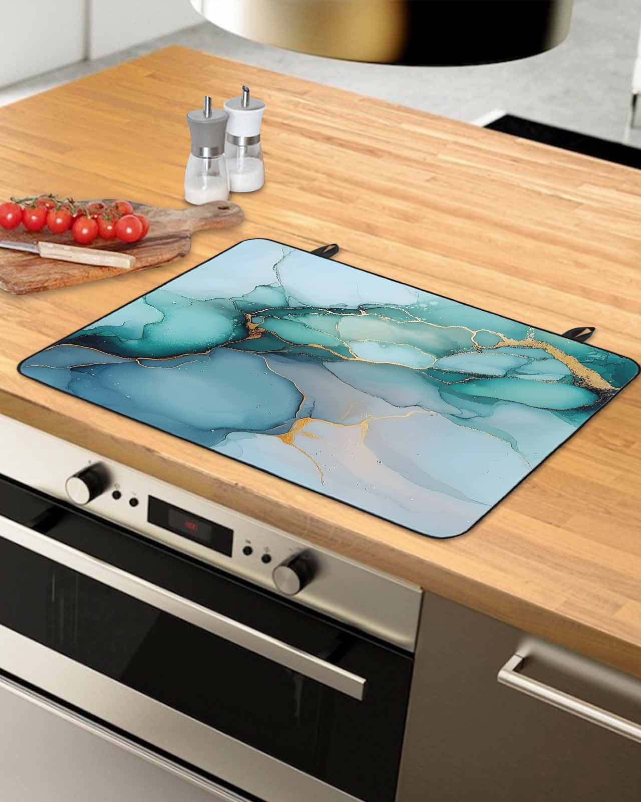 nqOlkjepod Large Induction Cooktop Protector Mat 36"x21", Turquoise Gold Marble Stove Top Covers for Electric Stove, Abstract Teal Modern Geometric Stove Burner Cover Mats, Glass Top Stove Cover