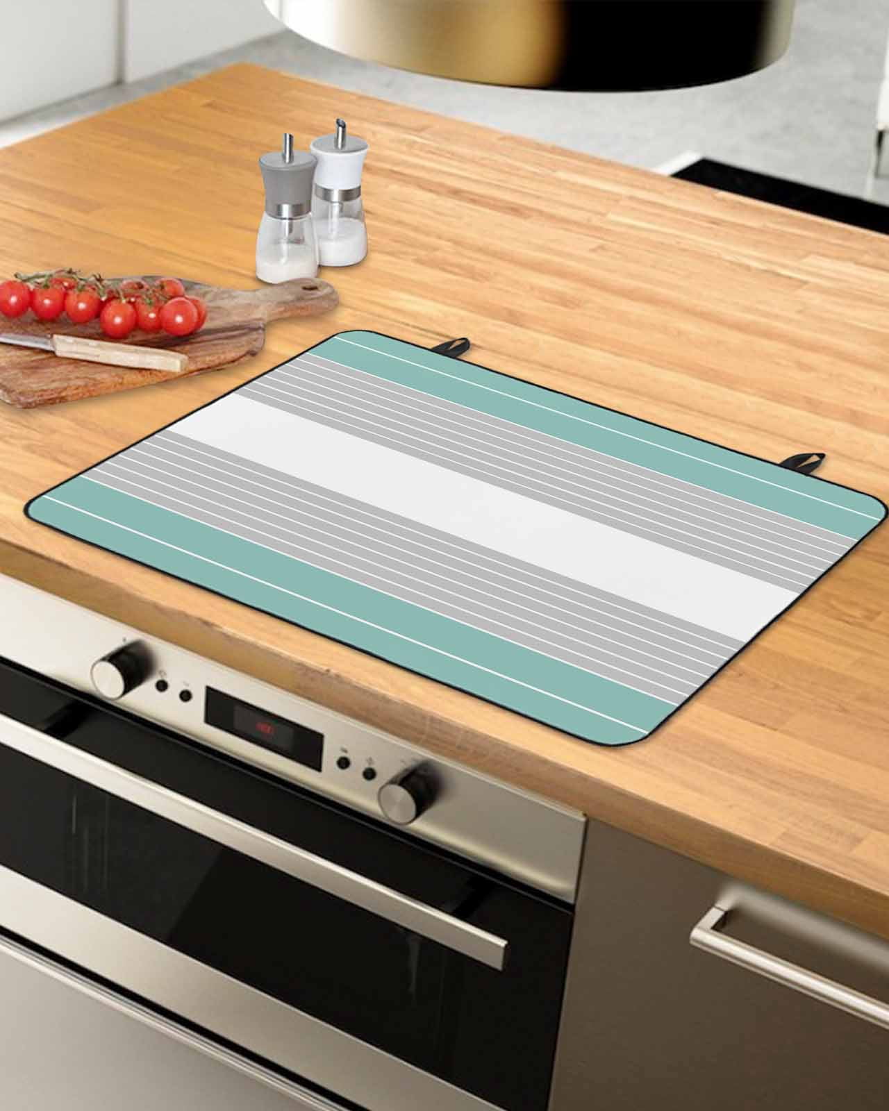 nqOlkjepod Large Induction Cooktop Protector Mat 36"x21", Turquoise Grey Stripe Stove Top Covers for Electric Stove, Modern Art Horizontal Striped Stove Burner Cover Mats, Glass Top Stove Cover