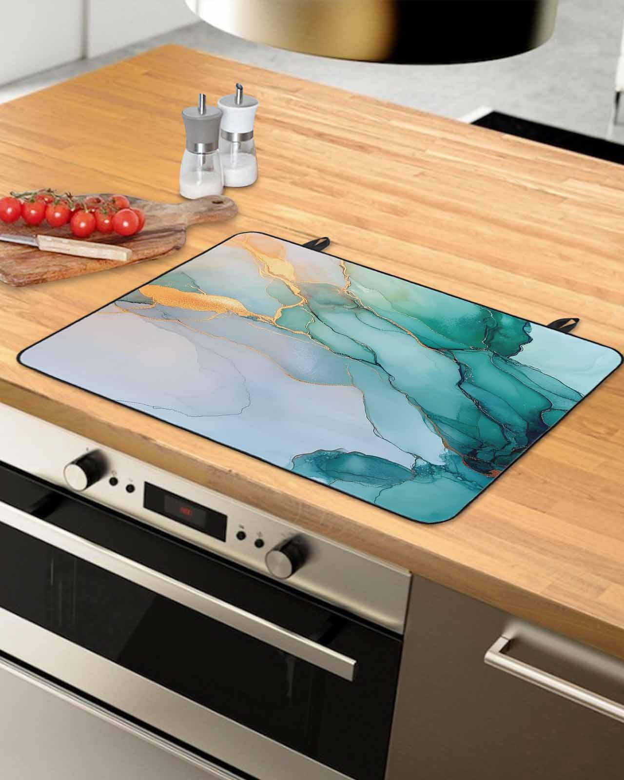nqOlkjepod Large Induction Cooktop Protector Mat 36"x21", Turquoise Marble Stove Top Covers for Electric Stove, Modern Marble Geometric Textured Stove Burner Cover Mats, Glass Top Stove Cover