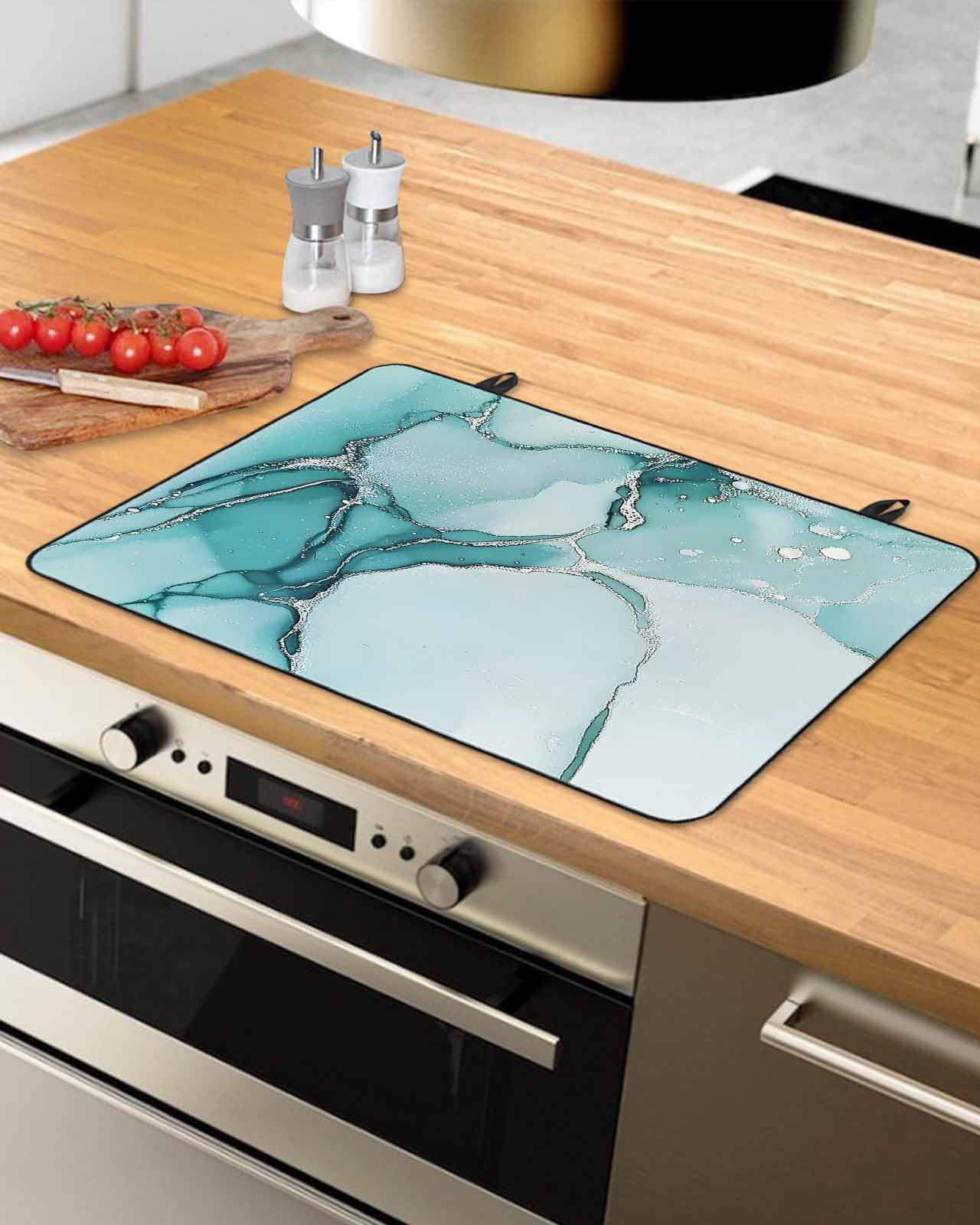 nqOlkjepod Large Induction Cooktop Protector Mat 36"x21", Turquoise Marble Stove Top Covers for Electric Stove, Nature Marble Crack Country Retro Stove Burner Cover Mats, Glass Top Stove Cover