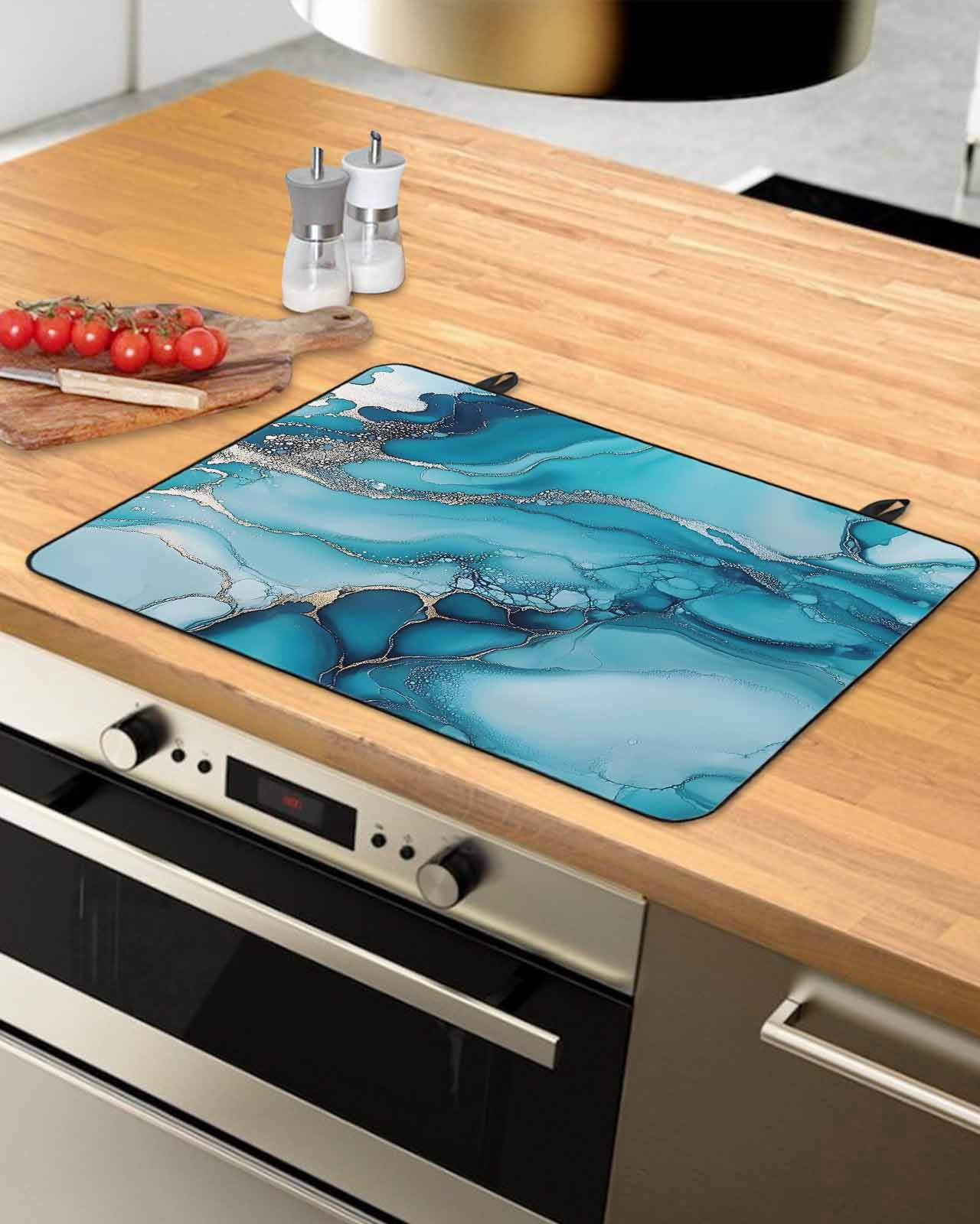 nqOlkjepod Large Induction Cooktop Protector Mat 36"x21", Turquoise Marble Stove Top Covers for Electric Stove, Teal Grey Modern Geometric Decorative Stove Burner Cover Mats, Glass Top Stove Cover
