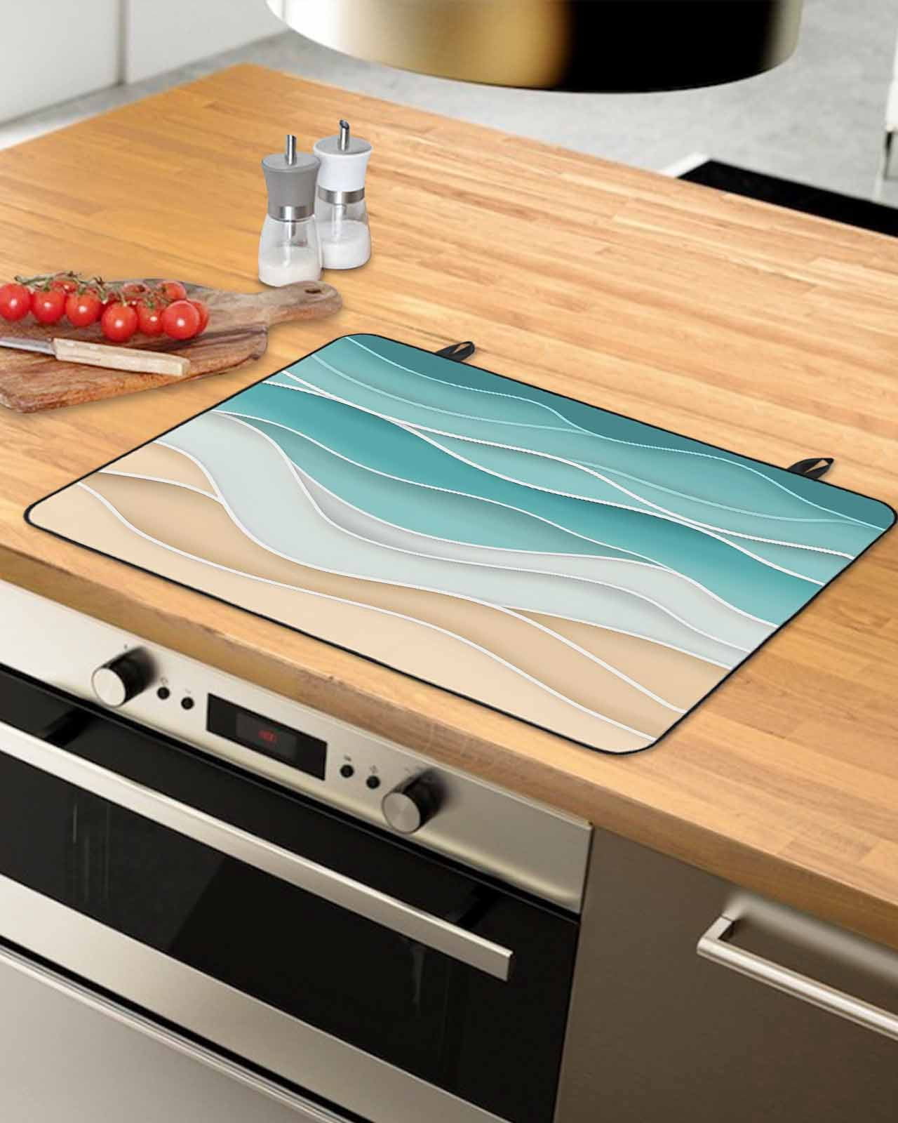 nqOlkjepod Large Induction Cooktop Protector Mat 36"x21", Turquoise Stove Top Covers for Electric Stove, Ocean Wave Stripes Modern Abstract Beach Stove Burner Cover Mats, Glass Top Stove Cover
