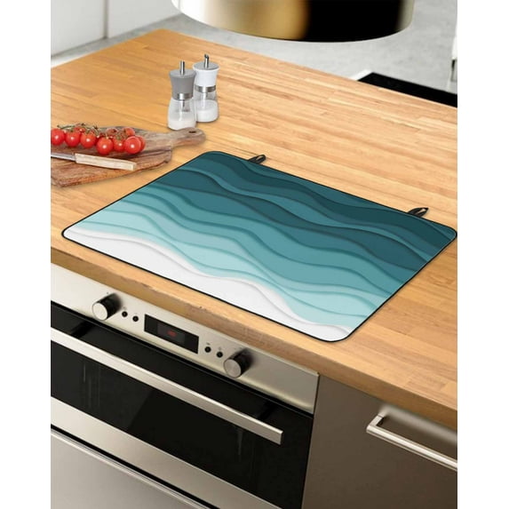 nqOlkjepod Large Induction Cooktop Protector Mat 36"x21", Turquoise Stripes Stove Top Covers for Electric Stove, Farmhouse Gradient Sea Waves Beach Stove Burner Cover Mats, Glass Top Stove Cover