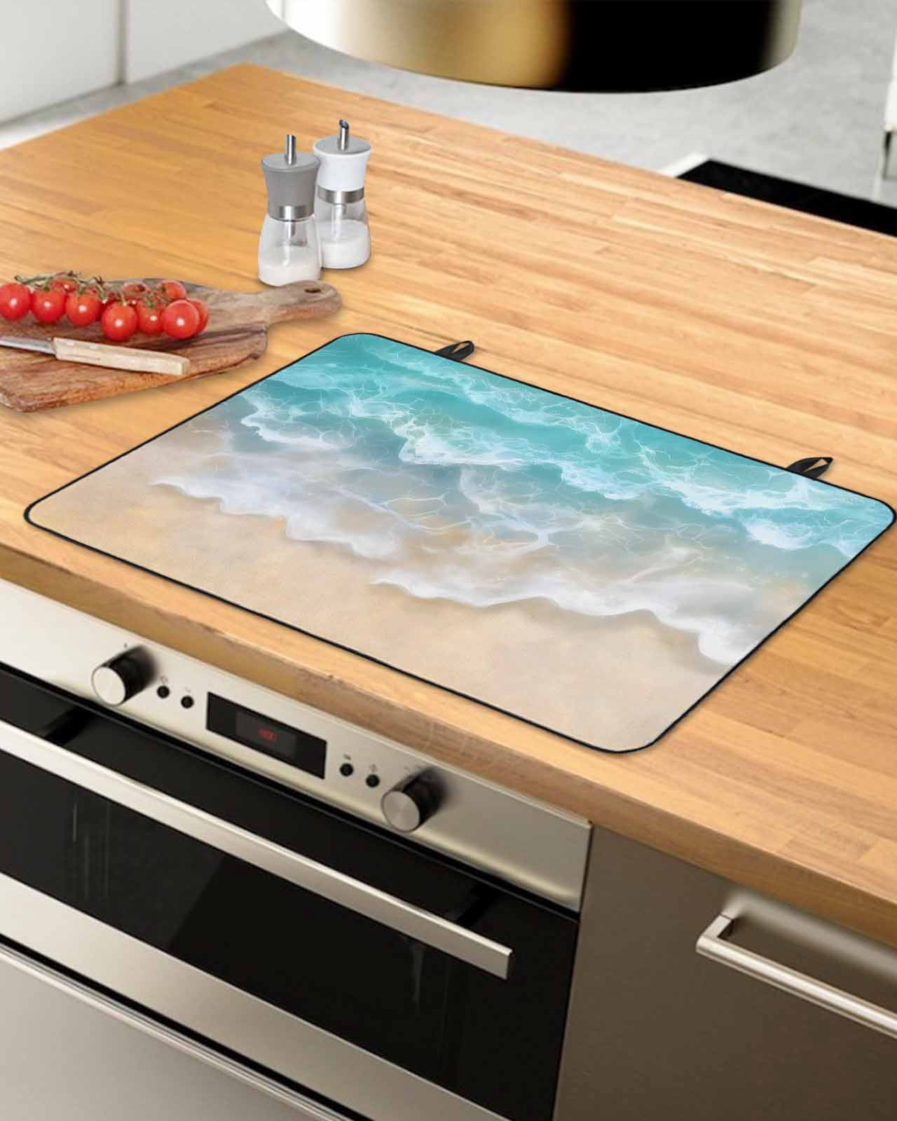 nqOlkjepod Large Induction Cooktop Protector Mat 36"x21", Turquoise Summer Beach Stove Top Covers for Electric Stove, Coastal Water Ripple Decorative Stove Burner Cover Mats, Glass Top Stove Cover