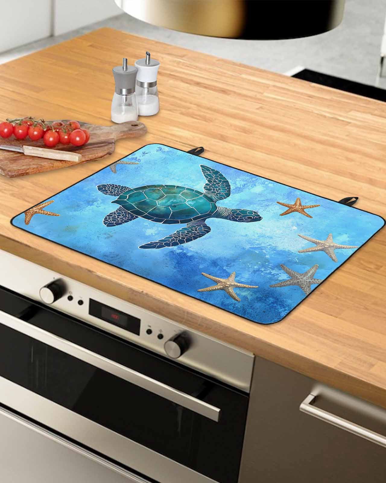 nqOlkjepod Large Induction Cooktop Protector Mat 36"x21", Turtle Blue Stove Top Covers for Electric Stove, Coastal Ocean Retro Starfish Sea Decorative Stove Burner Cover Mats, Glass Top Stove Cover