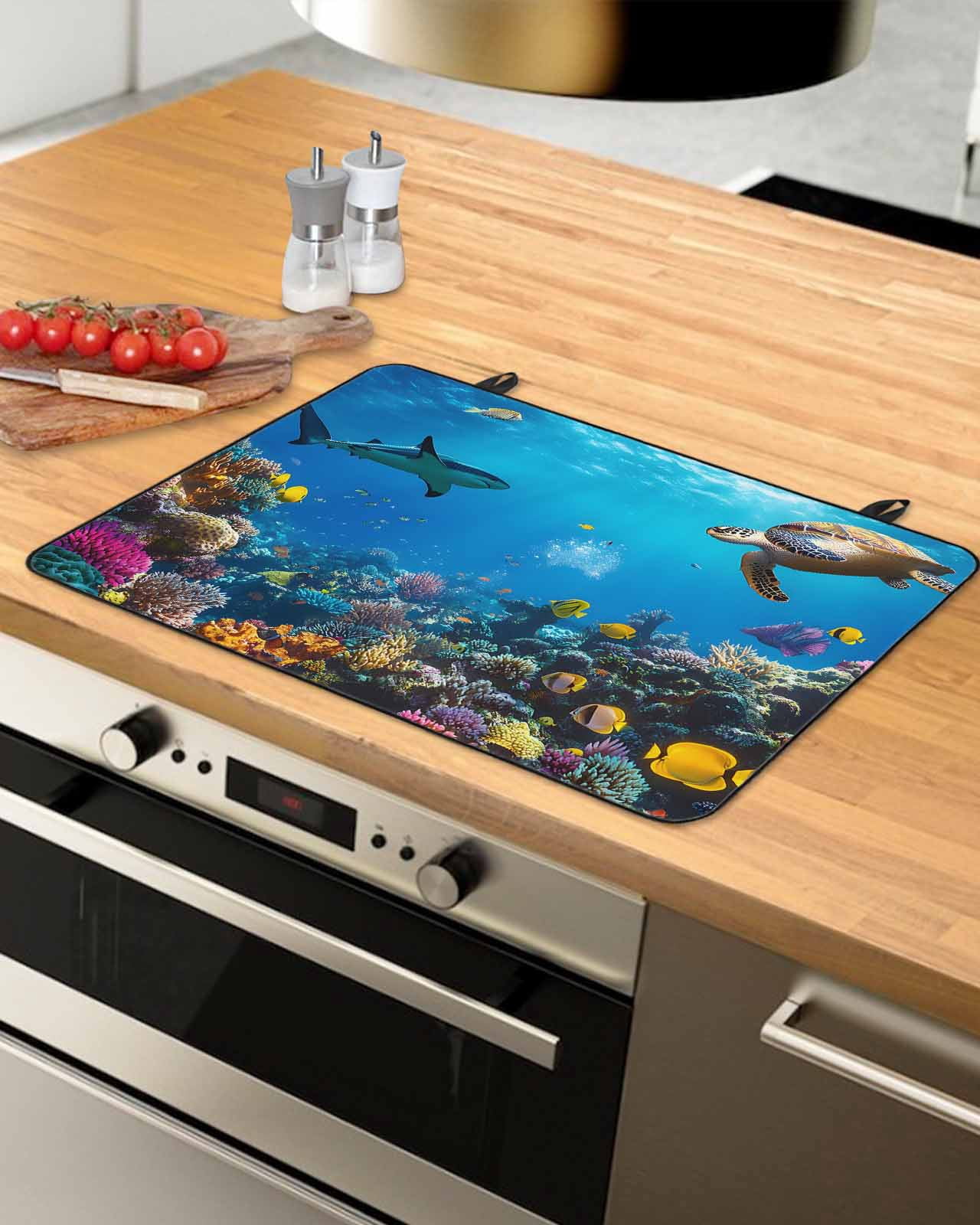 nqOlkjepod Large Induction Cooktop Protector Mat 36"x21", Turtle Stove Top Covers for Electric Stove, Blue Ocean Sea Shark Coral Cartoon Fish Summer Stove Burner Cover Mats, Glass Top Stove Cover