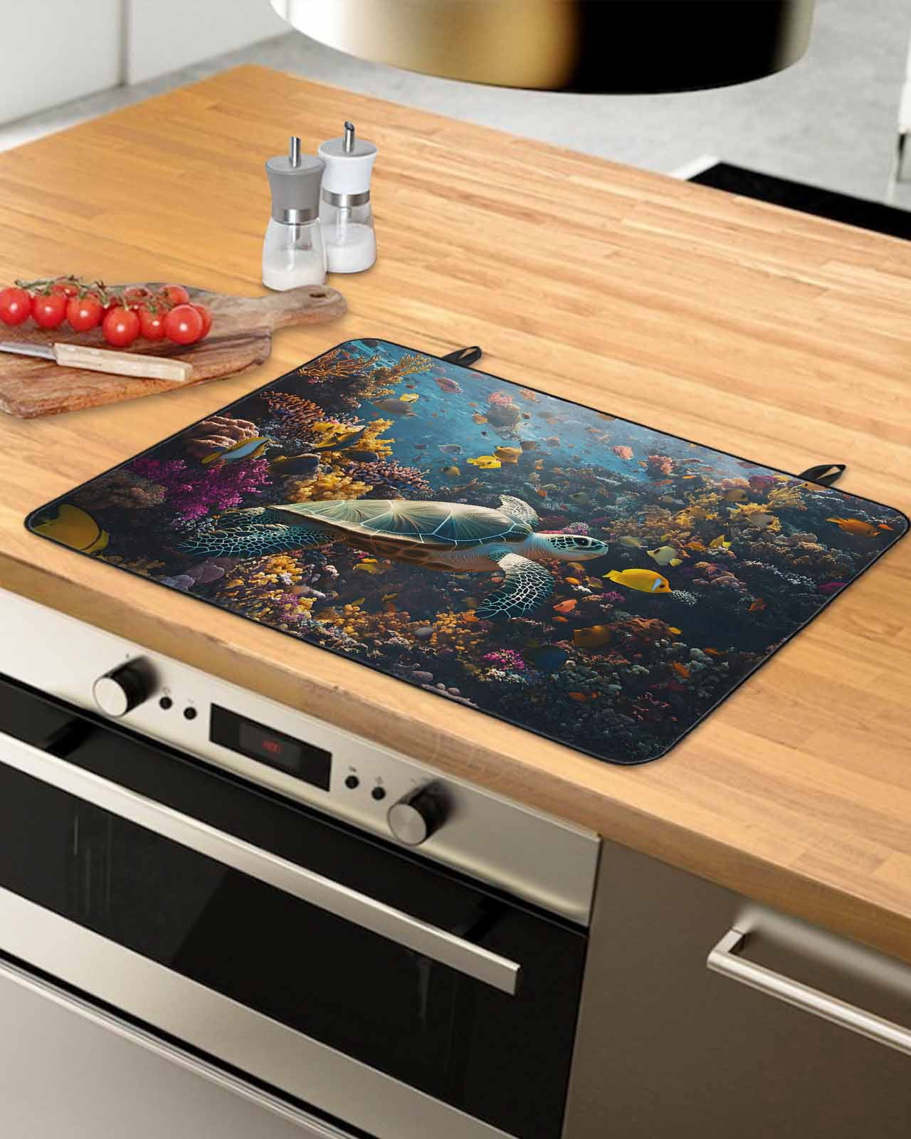 nqOlkjepod Large Induction Cooktop Protector Mat 36"x21", Turtle Stove Top Covers for Electric Stove, Ocean Coral Sea Fish Modern Summer Animal Stove Burner Cover Mats, Glass Top Stove Cover
