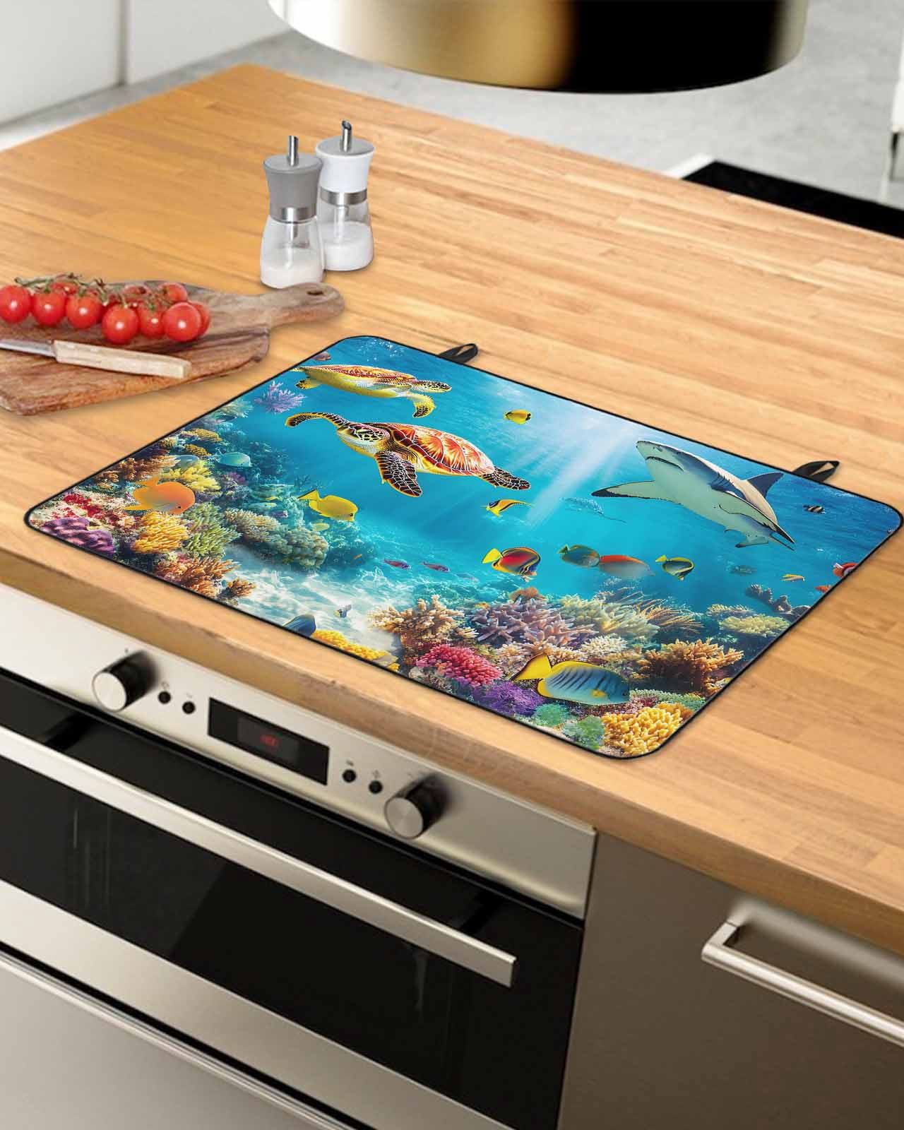 nqOlkjepod Large Induction Cooktop Protector Mat 36"x21", Turtle Stove Top Covers for Electric Stove, Shark Ocean Coral Underwater Scenery Sea Stove Burner Cover Mats, Glass Top Stove Cover