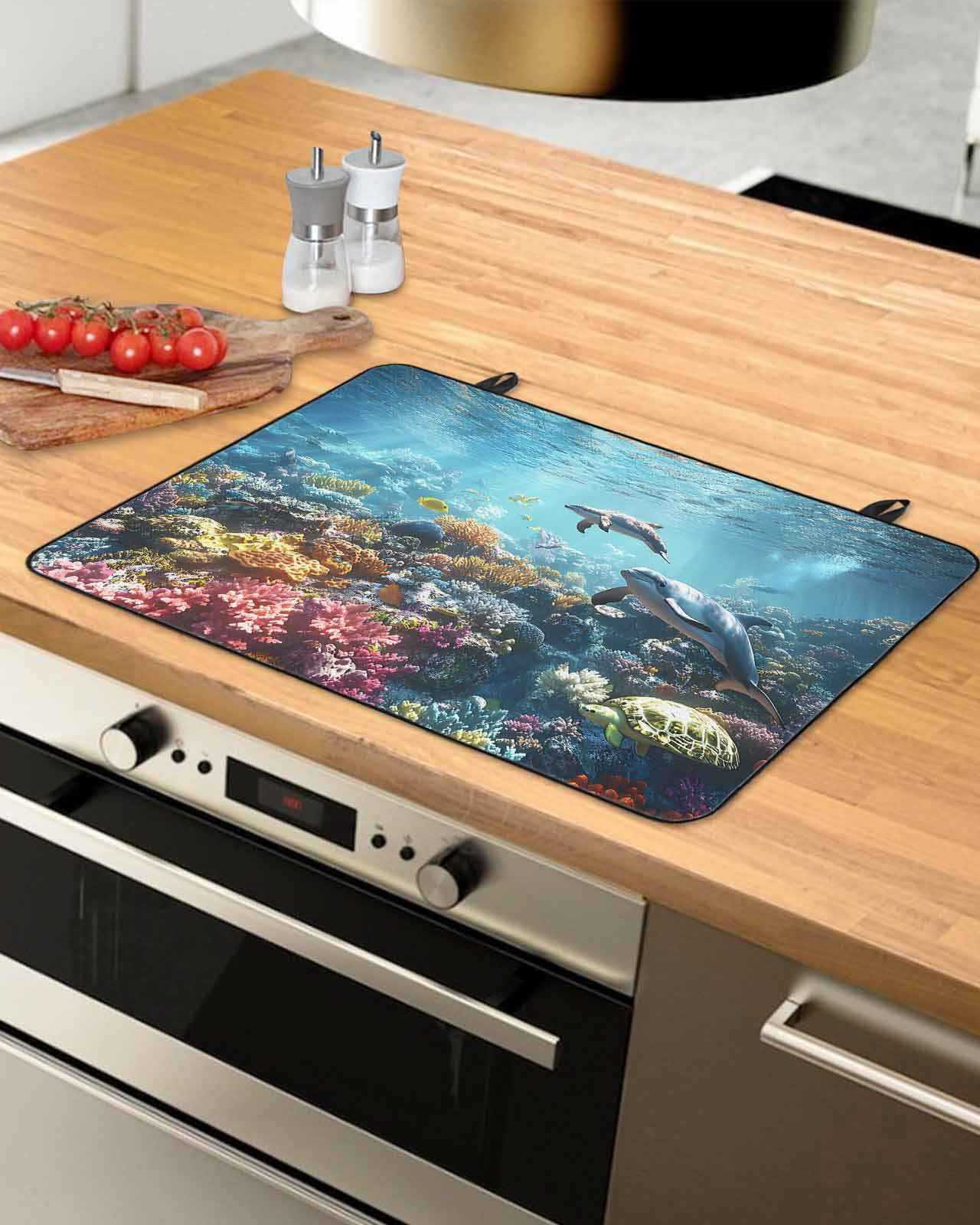 nqOlkjepod Large Induction Cooktop Protector Mat 36"x21", Underwater Animals Stove Top Covers for Electric Stove, Turtle Shark Coral Coastal Fish Stove Burner Cover Mats, Glass Top Stove Cover