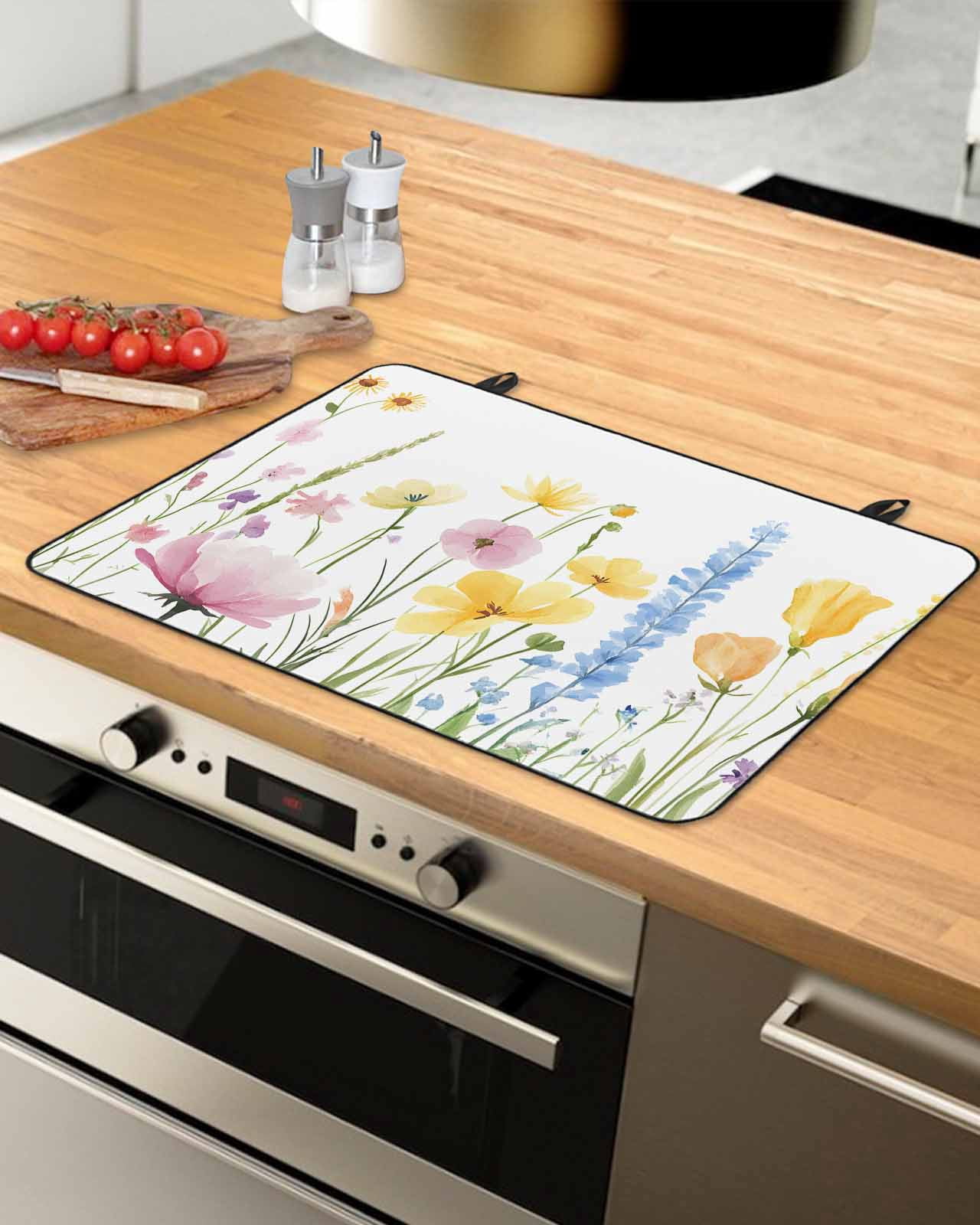 nqOlkjepod Large Induction Cooktop Protector Mat 36"x21", Verdant Flower Patterns Stove Top Covers for Electric Stove, Farmhouse Botanical Decorative Stove Burner Cover Mats, Glass Top Stove Cover