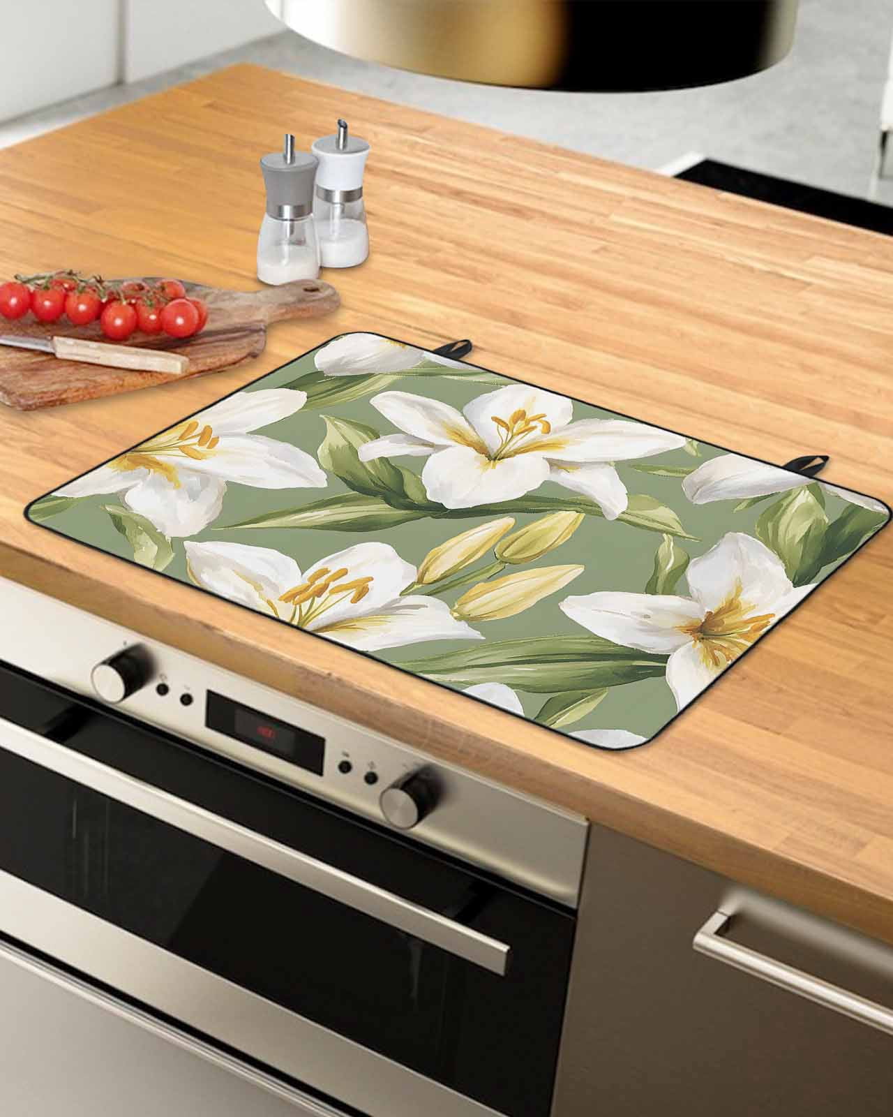 nqOlkjepod Large Induction Cooktop Protector Mat 36"x21", Verdant Flower Patterns Stove Top Covers for Electric Stove, Green White Spring Floral Stove Burner Cover Mats, Glass Top Stove Cover