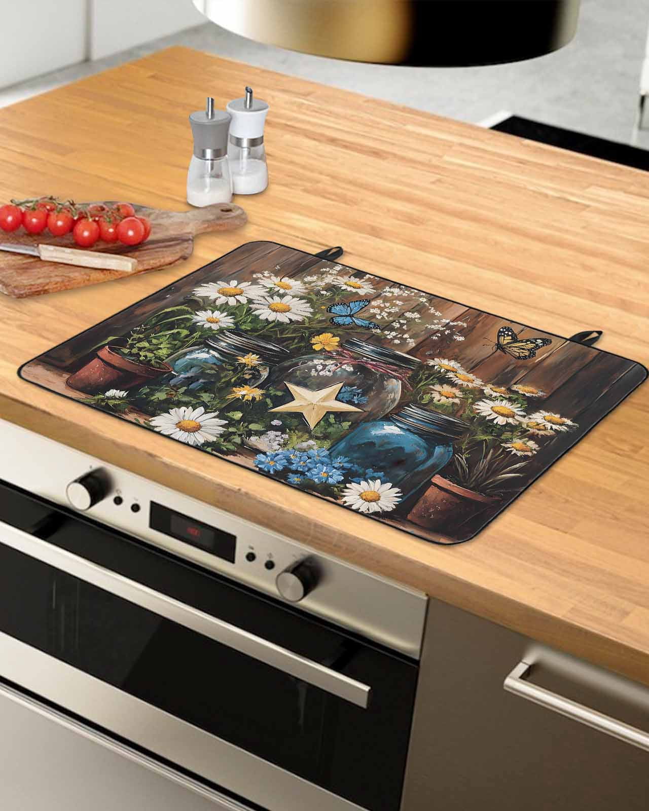 nqOlkjepod Large Induction Cooktop Protector Mat 36"x21", Vintage Flower Stove Top Covers for Electric Stove, Country Barn Star Daisies Butterfly Wood Stove Burner Cover Mats, Glass Top Stove Cover