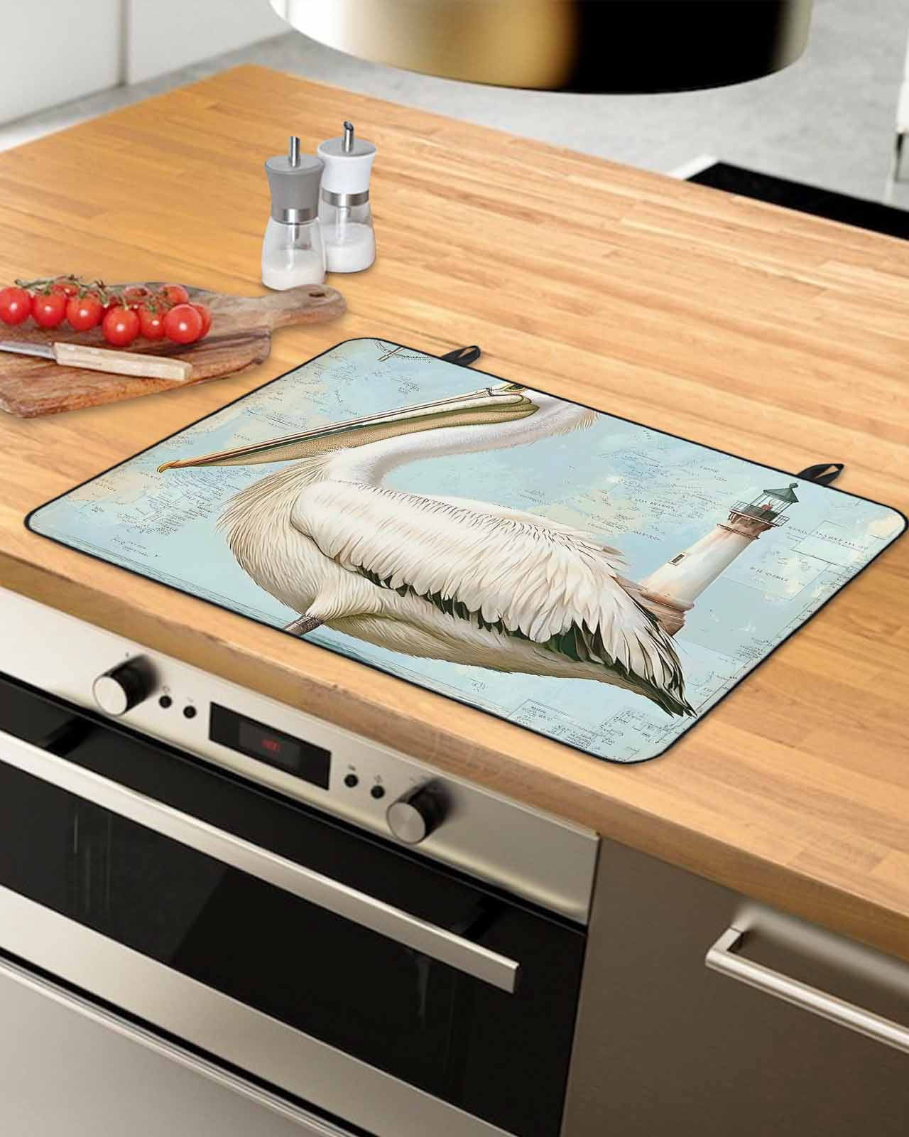 nqOlkjepod Large Induction Cooktop Protector Mat 36"x21", Vintage Nautical Coastal Stove Top Covers for Electric Stove, Summer Bird Ocean Wave Stove Burner Cover Mats, Glass Top Stove Cover