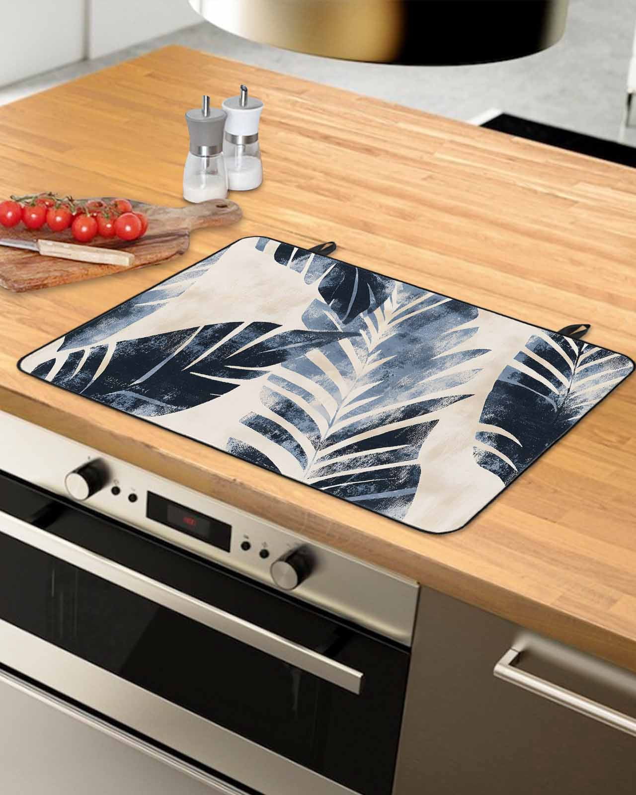 nqOlkjepod Large Induction Cooktop Protector Mat 36"x21", Vintage Navy Blue Botanical Stove Top Covers for Electric Stove, Retro Tropical Leaves Stove Burner Cover Mats, Glass Top Stove Cover