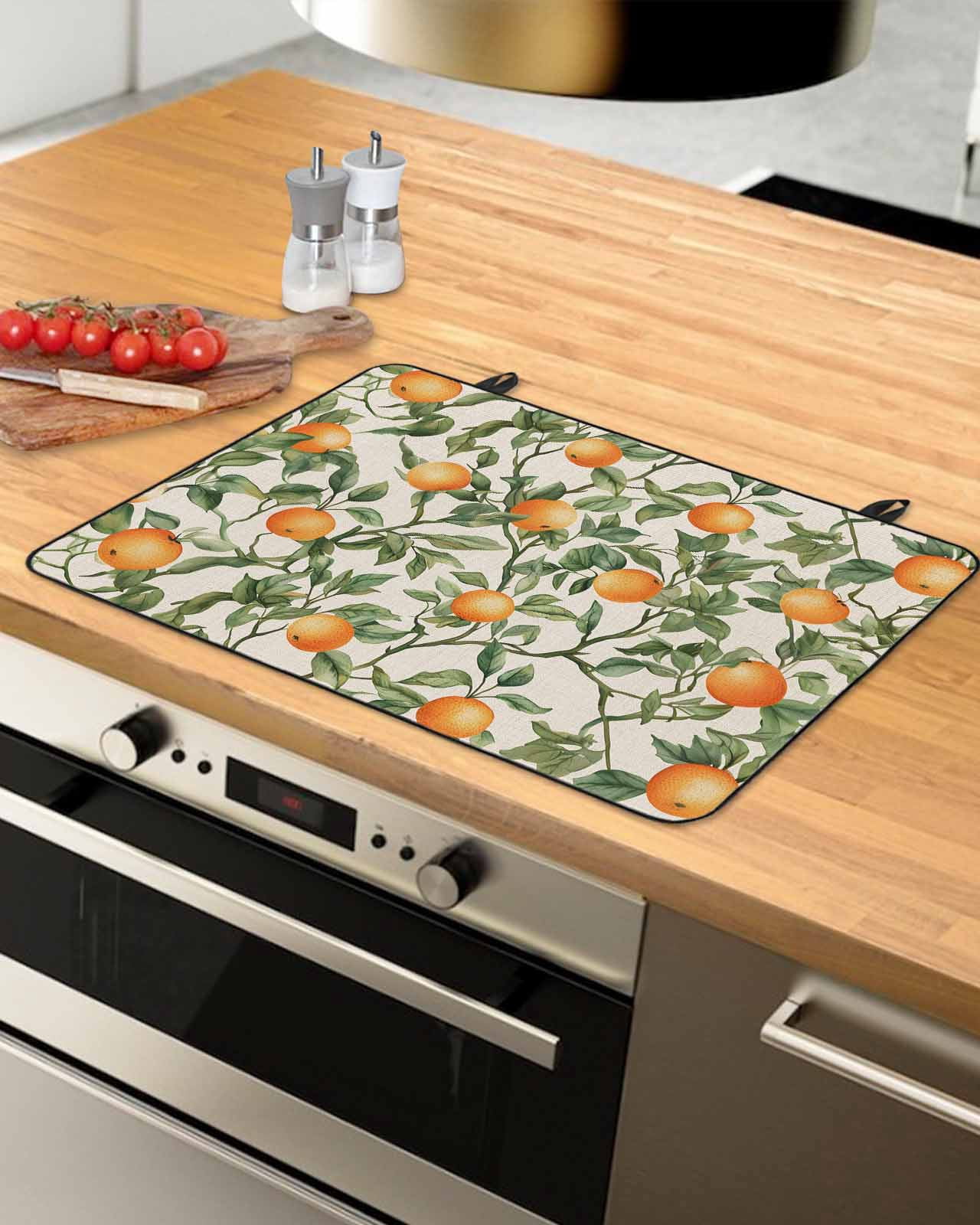 nqOlkjepod Large Induction Cooktop Protector Mat 36"x21", Vintage Orange Green Leaves Stove Top Covers for Electric Stove, Farmhouse Botanical Linen Stove Burner Cover Mats, Glass Top Stove Cover