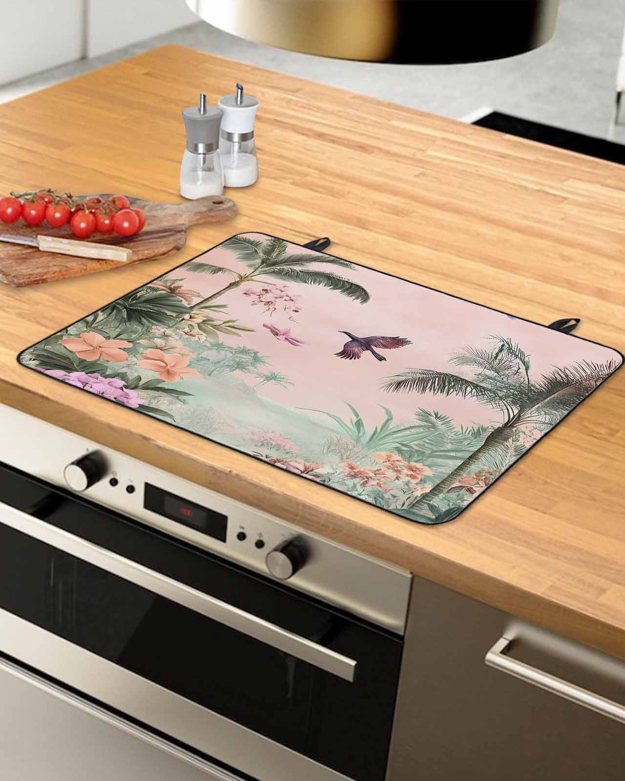 nqOlkjepod Large Induction Cooktop Protector Mat 36"x21", Vintage Pastoral Stove Top Covers for Electric Stove, Farmhouse Botanical Tree Birds Pink Green Stove Burner Cover Mats Stove Cover