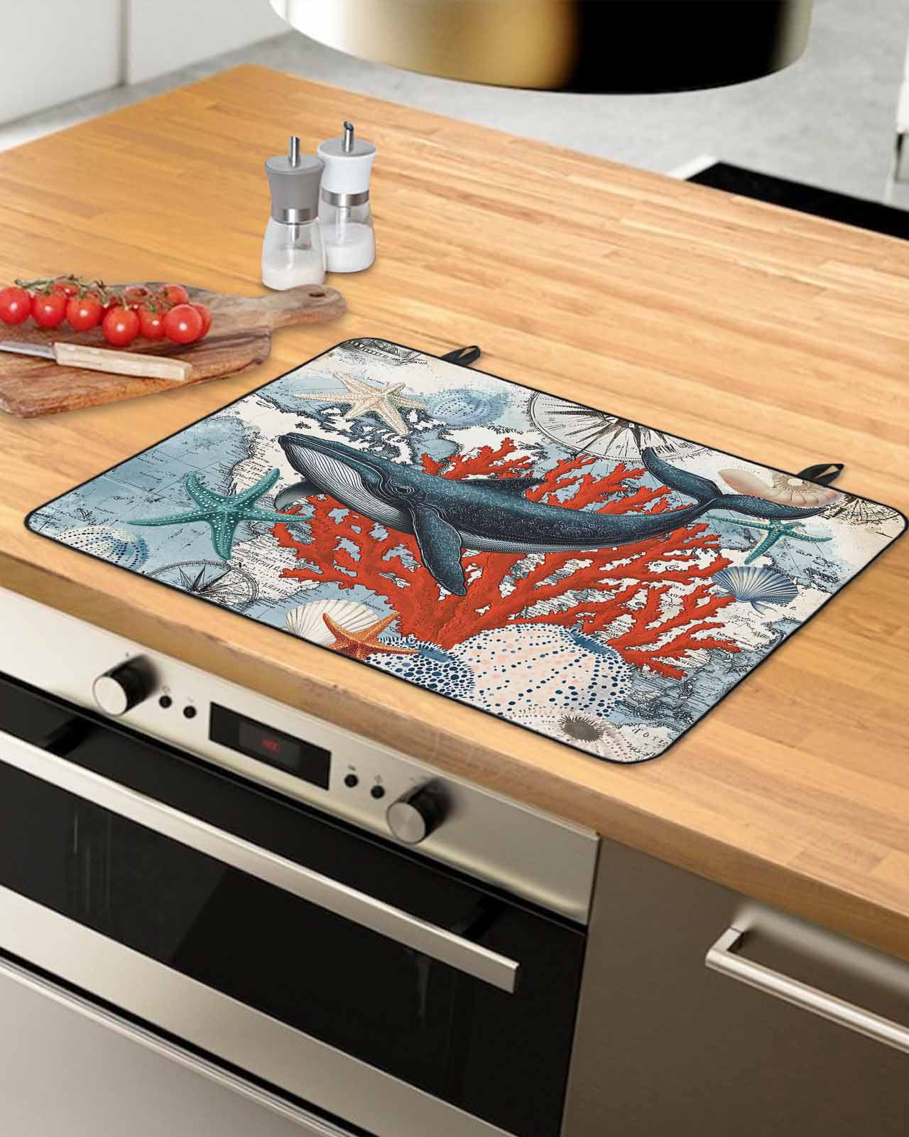 nqOlkjepod Large Induction Cooktop Protector Mat 36"x21", Vintage Whale Stove Top Covers for Electric Stove, Retro Coastal Coral Nautical Ocean Stove Burner Cover Mats, Glass Top Stove Cover