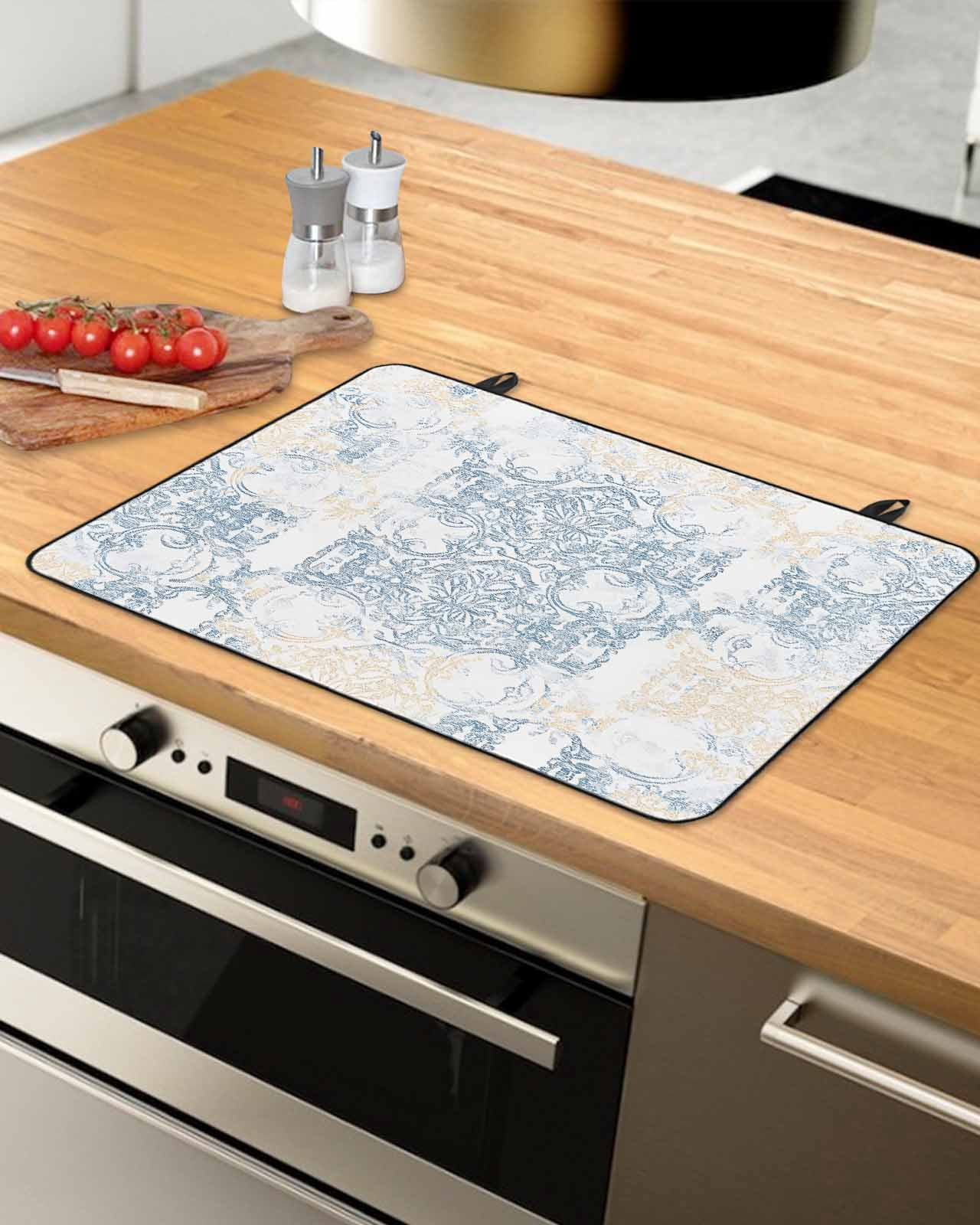 nqOlkjepod Large Induction Cooktop Protector Mat 36"x21", Vintage Yellow Blue Stove Top Covers for Electric Stove, Abstract Art Floral Decorative Stove Burner Cover Mats, Glass Top Stove Cover