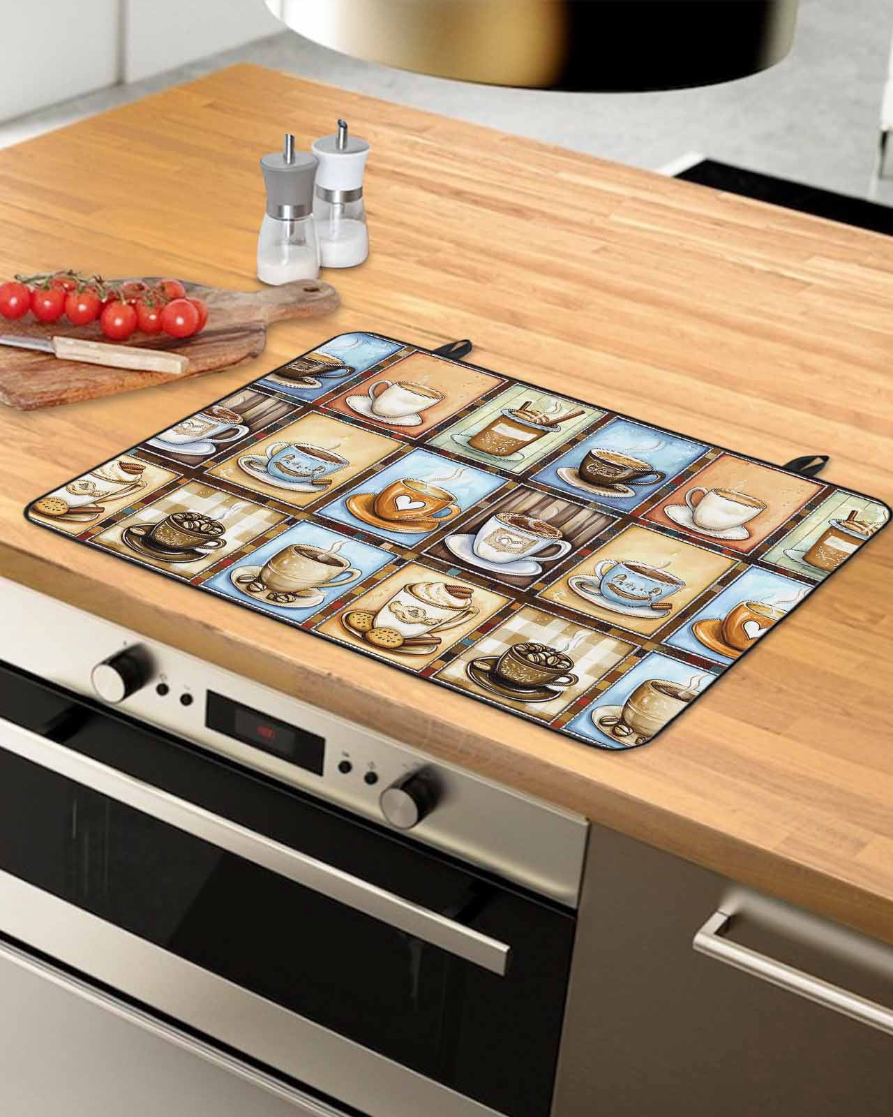 nqOlkjepod Large Induction Cooktop Protector Mat 36"x21", Watercolor Coffee Stove Top Covers for Electric Stove, Retro Coffee Patchwork Decorative Stove Burner Cover Mats, Glass Top Stove Cover