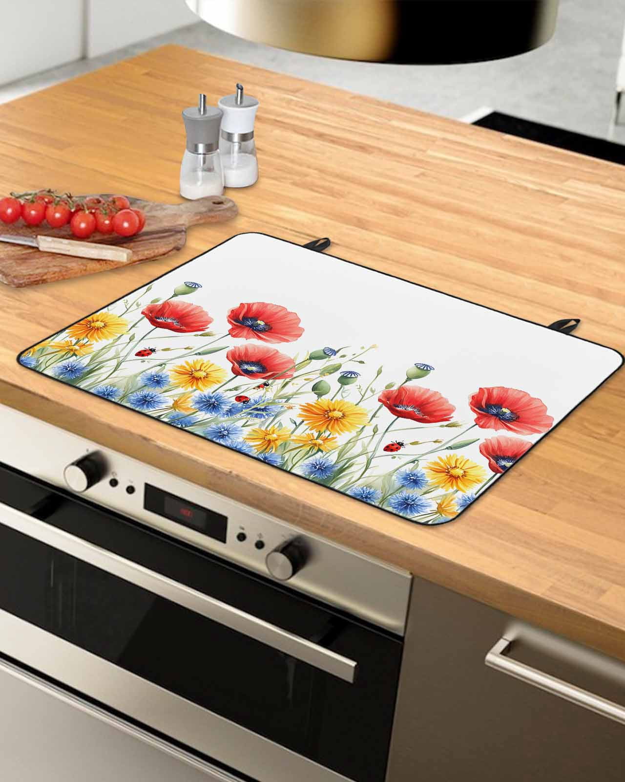 nqOlkjepod Large Induction Cooktop Protector Mat 36"x21", Watercolor Floral Stove Top Covers for Electric Stove, Independence Day Botanical Flowers Stove Burner Cover Mats, Glass Top Stove Cover