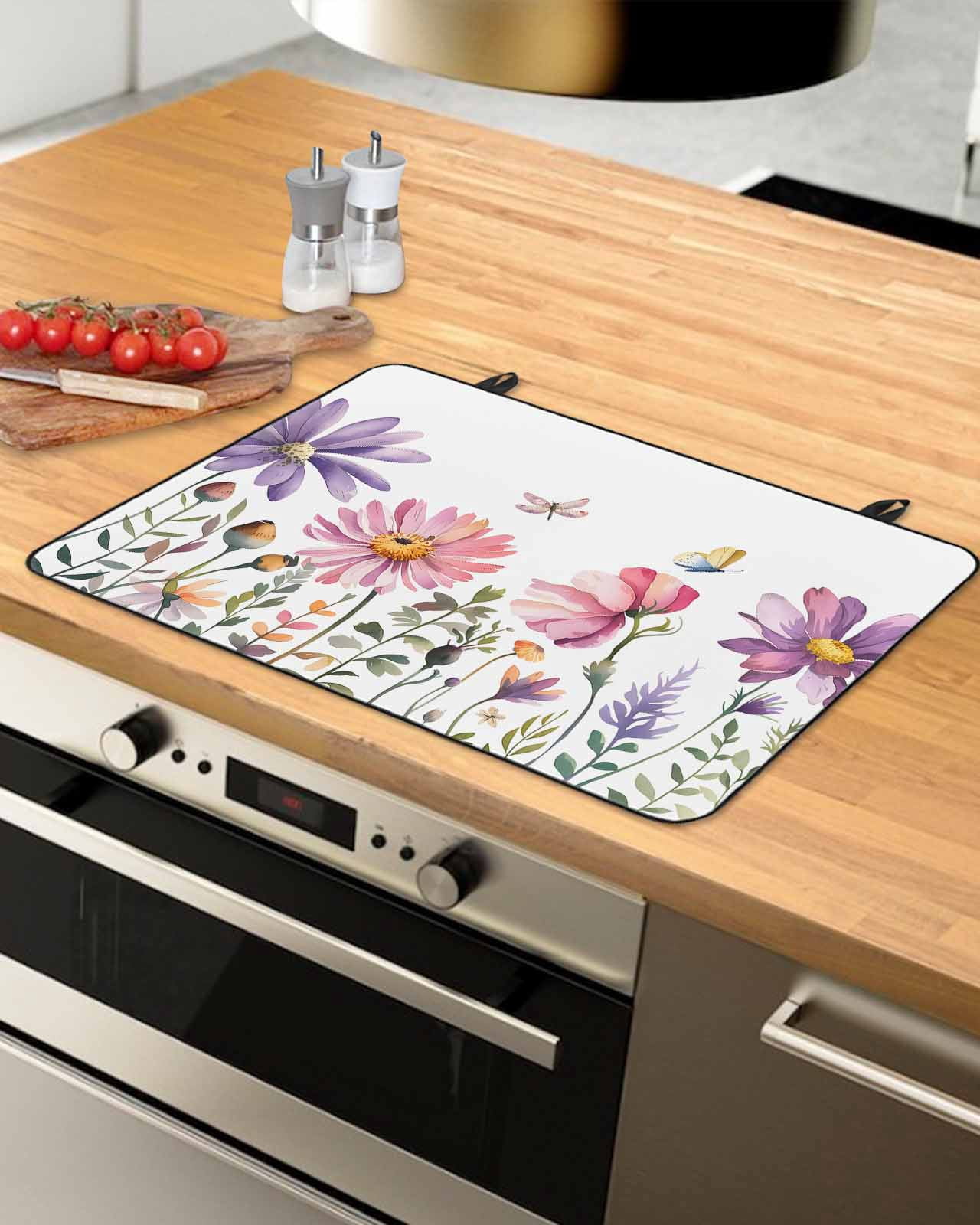nqOlkjepod Large Induction Cooktop Protector Mat 36"x21", Watercolor Flowers Stove Top Covers for Electric Stove, Botanical Floral Herb Butterfly Stove Burner Cover Mats, Glass Top Stove Cover