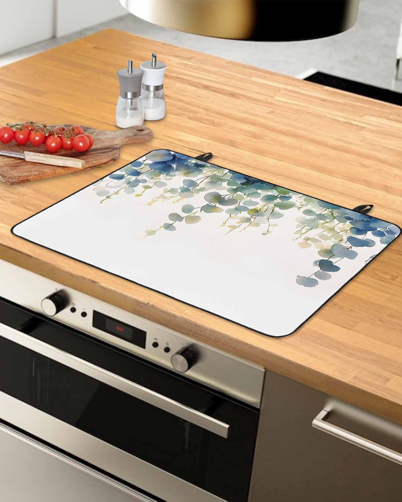 nqOlkjepod Large Induction Cooktop Protector Mat 36"x21", Watercolor Leaaves Stove Top Covers for Electric Stove, Spring Rustic Watercolor Botanical Stove Burner Cover Mats, Glass Top Stove Cover