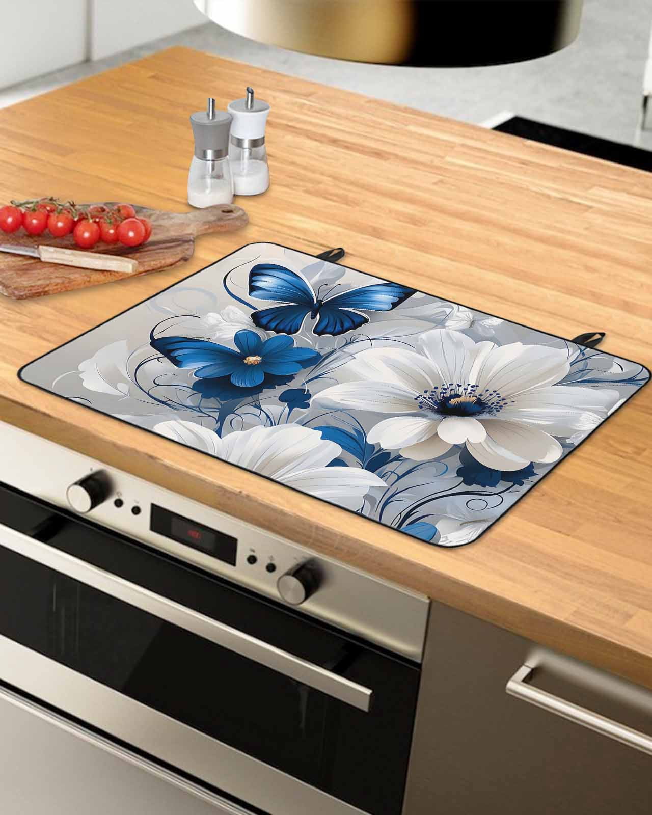 nqOlkjepod Large Induction Cooktop Protector Mat 36"x21", White Blue Flowers Stove Top Covers for Electric Stove, Modern Elegance Butterfly Floral Stove Burner Cover Mats, Glass Top Stove Cover