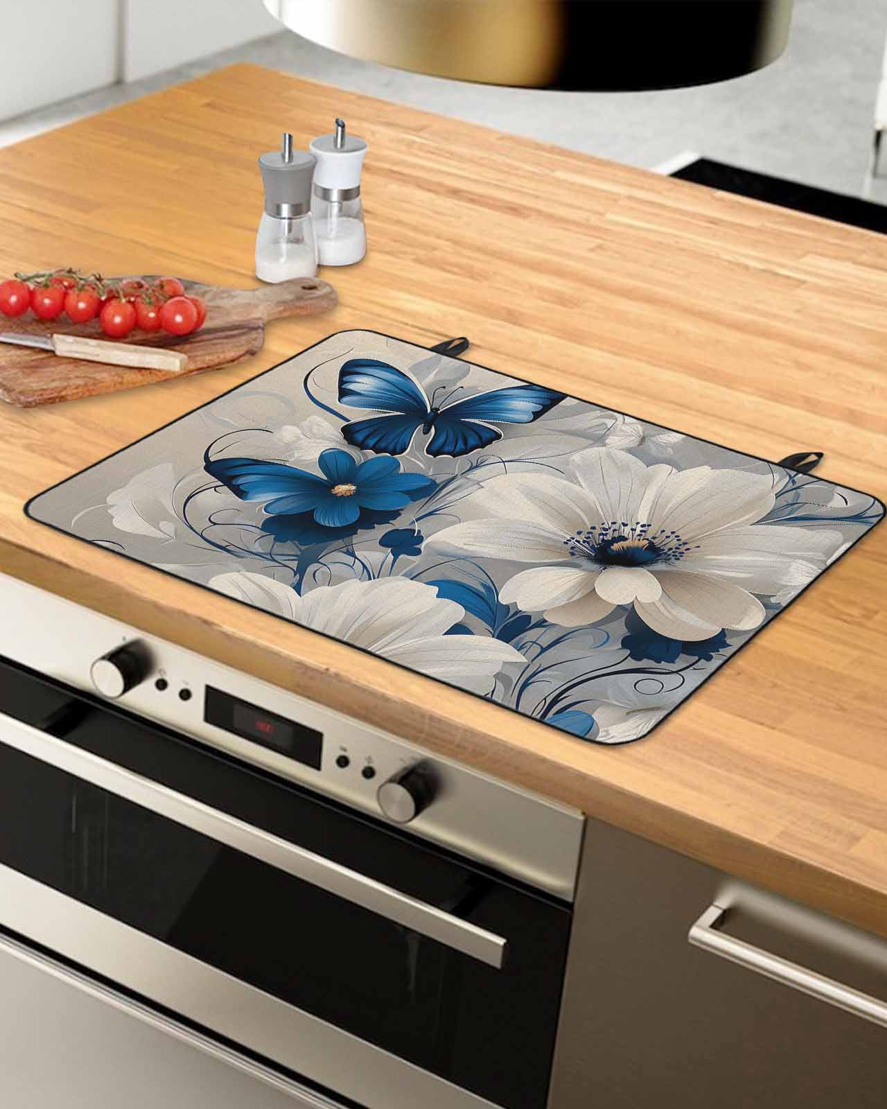 nqOlkjepod Large Induction Cooktop Protector Mat 36"x21", White Blue Flowers Stove Top Covers for Electric Stove, Vintage Elegance Butterfly Floral Stove Burner Cover Mats, Glass Top Stove Cover