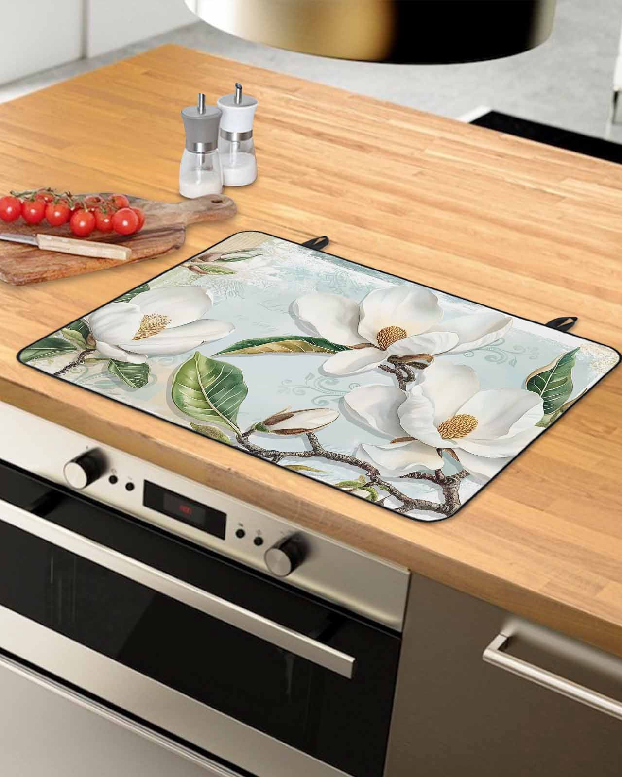 nqOlkjepod Large Induction Cooktop Protector Mat 36"x21", White Floral Stove Top Covers for Electric Stove, Pastoral Farmhouse Magnolia Flowers Leaves Stove Burner Cover Mats, Glass Top Stove Cover