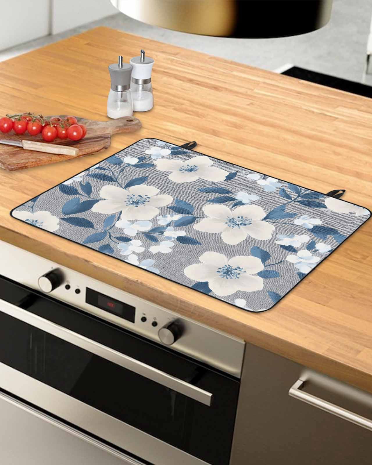 nqOlkjepod Large Induction Cooktop Protector Mat 36"x21", White Floral Stove Top Covers for Electric Stove, Vintage Pastoral Botanical Flowers Stove Burner Cover Mats, Glass Top Stove Cover