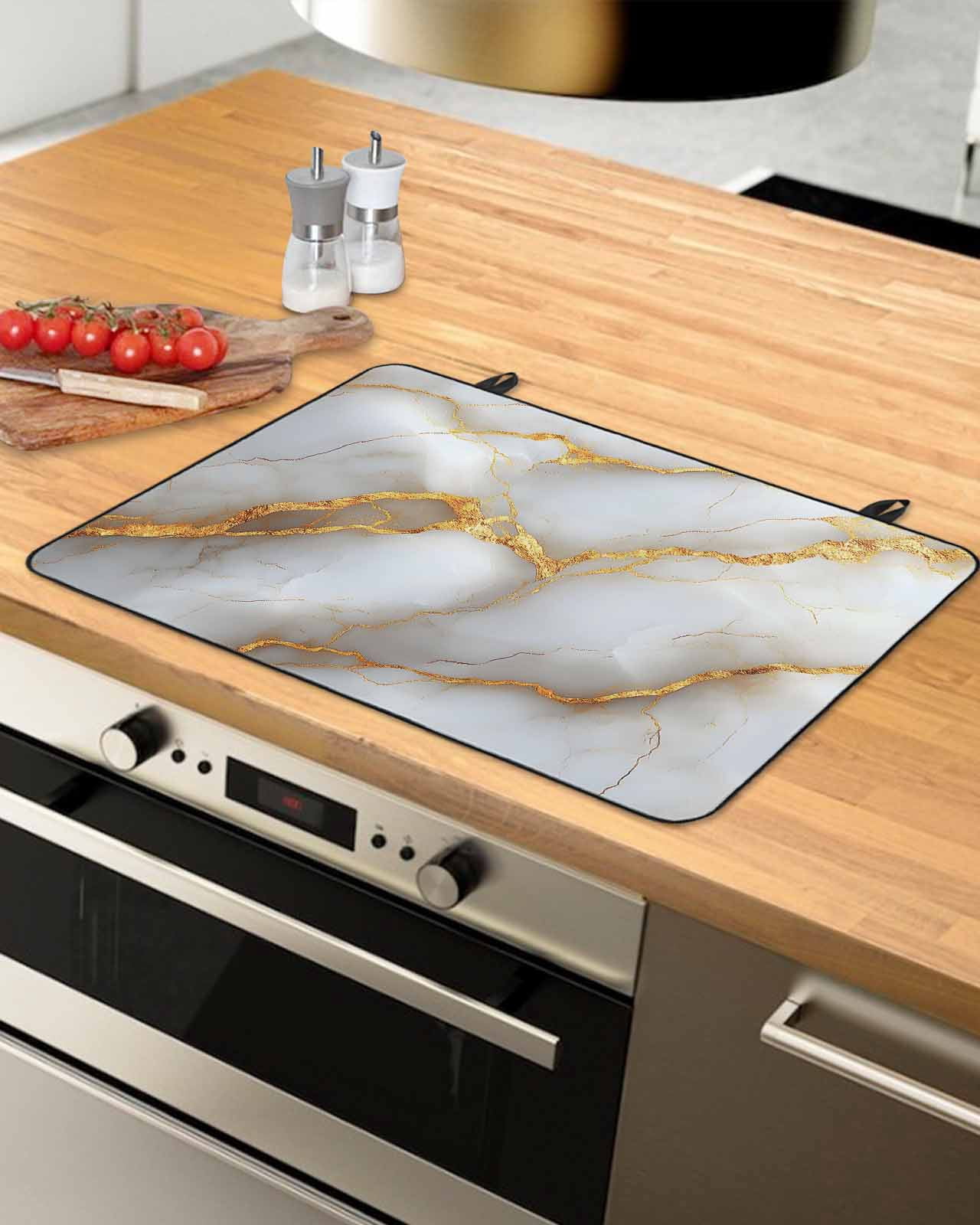 nqOlkjepod Large Induction Cooktop Protector Mat 36"x21", White Gray Marble Stove Top Covers for Electric Stove, Modern Abstract Golden Texture Art Stove Burner Cover Mats, Glass Top Stove Cover
