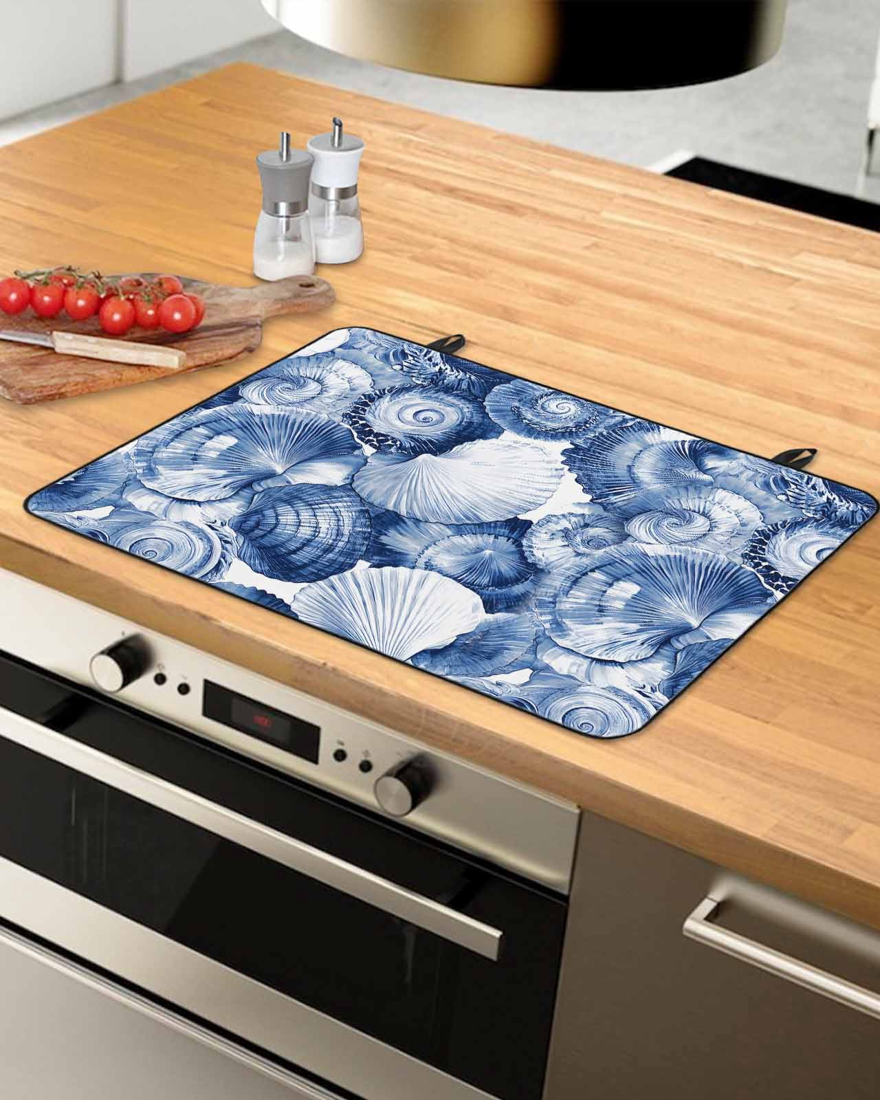 nqOlkjepod Large Induction Cooktop Protector Mat 36"x21", White Ocean Conch Stove Top Covers for Electric Stove, Summer Coastal Nautilus Retro Stove Burner Cover Mats, Glass Top Stove Cover
